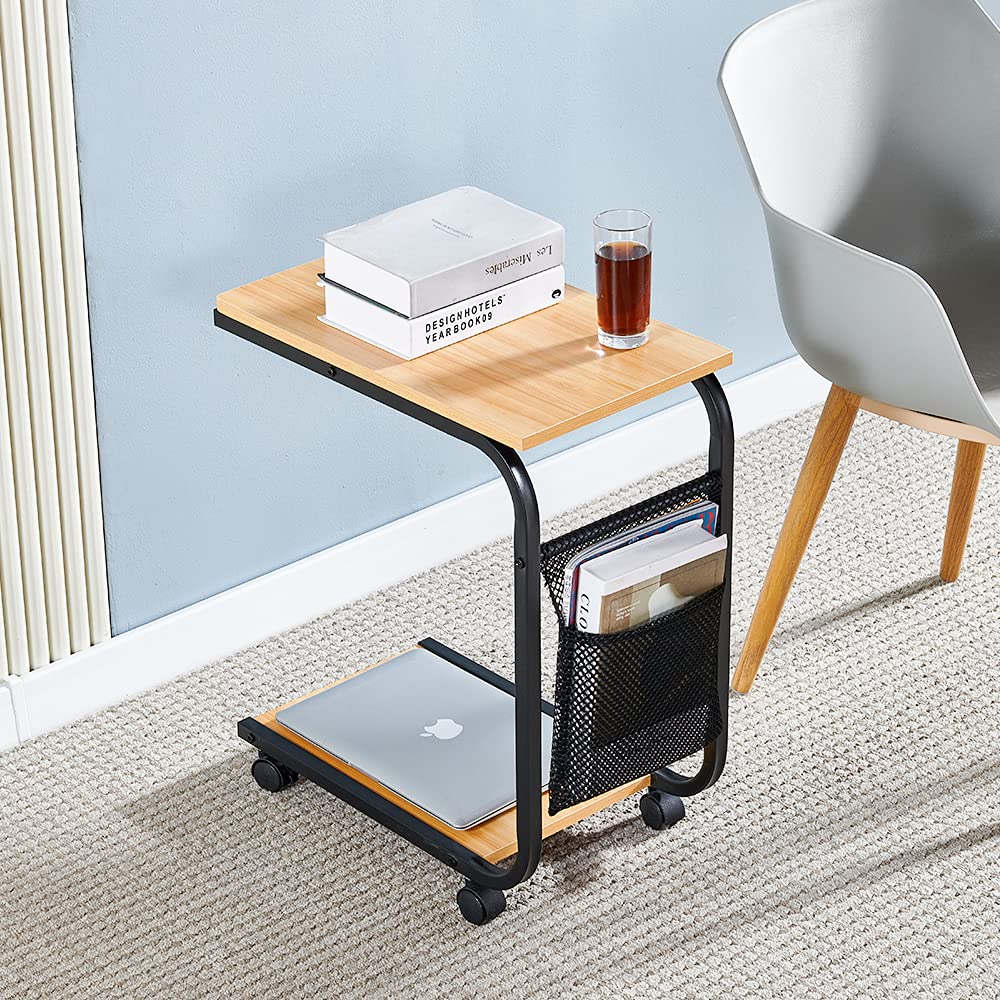 Redd Royal Movable Bedside Sofa Side End Table on Wheels, C Shaped Snack Tea Coffee Reading Laptop Workstation for Home Office (Oak & Black)