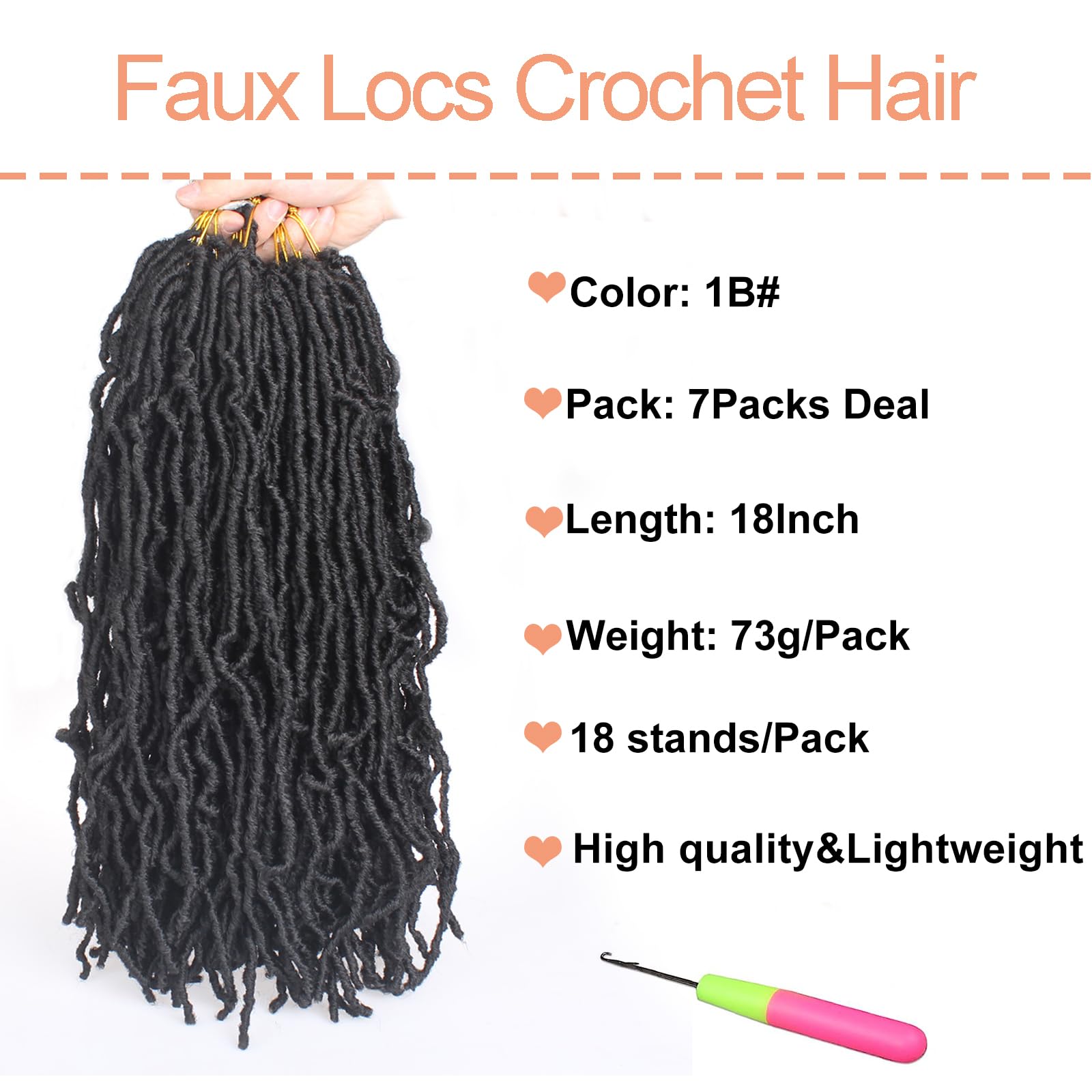 Mscat 7 Packs 18 Inch Pre-Looped Faux Locs Nu Locs Synthetic Fiber Hair Extensions 12strands/pack 1B#, 18 Inch (Pack of 7) - Image 2