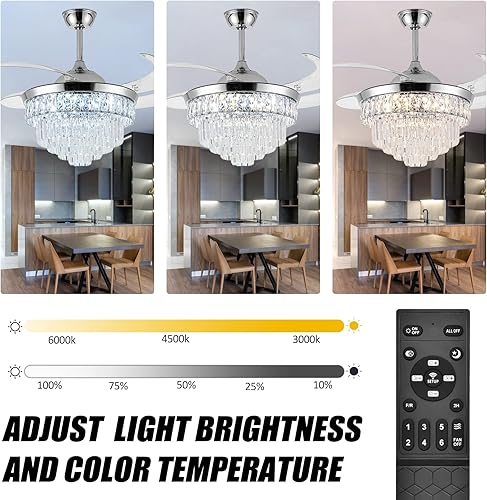 Miniatura 3 de Ventilador de techo de cristal con luz, lámpara de cristal regulable de 42 pulgadas, moderno ventilador de techo retráctil de 6 velocidades,