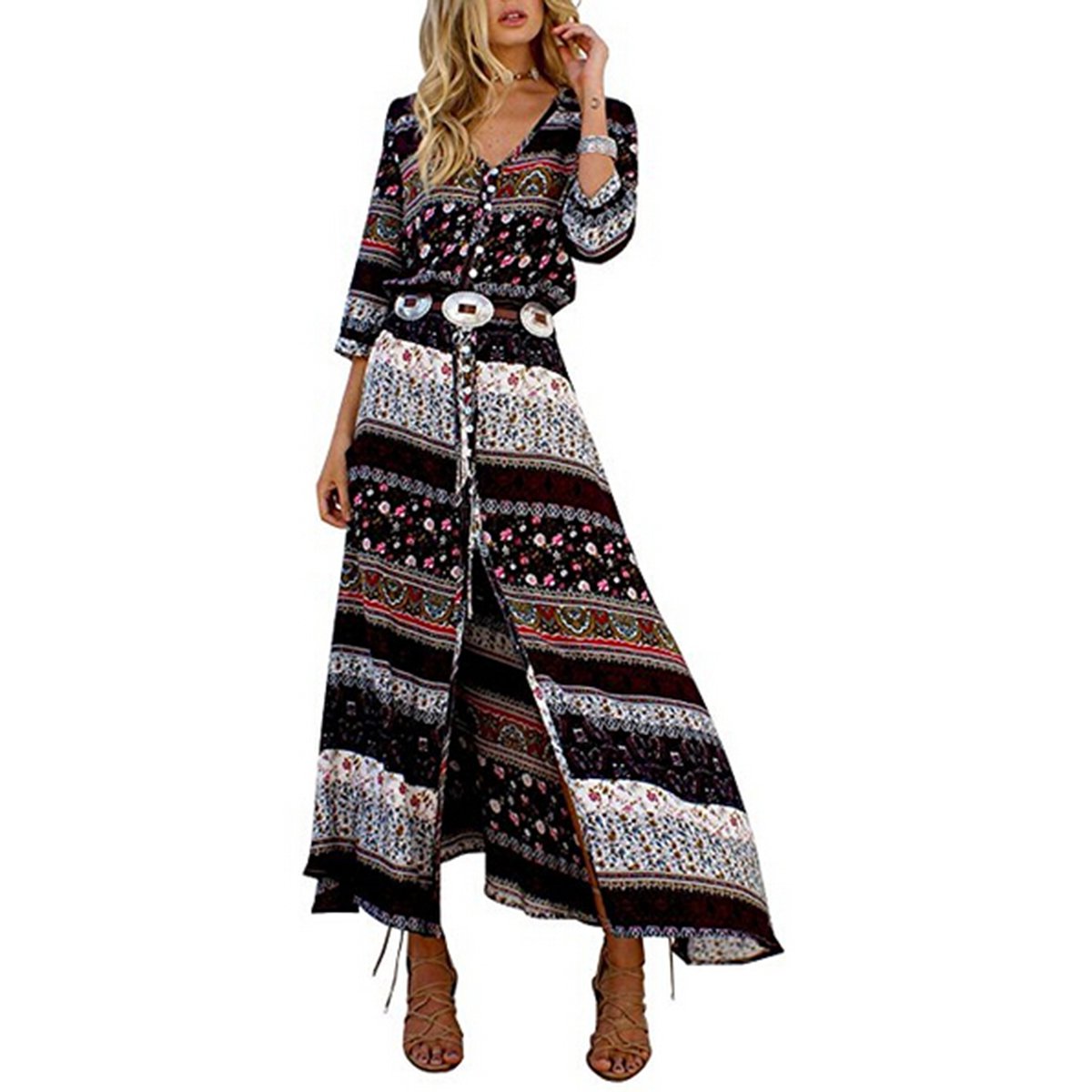 ZUMUii Vestido largo floral de mujer Butterme Vintage con cuello en v. Bohemia Boho Side. Vestido con cuello alto Manga larga. Maxi Vestido para playa