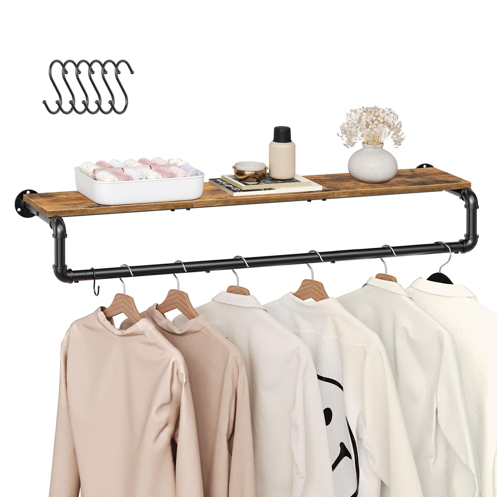 Pipe Clothes Rack, 43.3 in Wall Mounted Garment Rack with Top Shelf, Industrial Clothing Rack with Hanging Rod, Heavy Duty Detachable, Space Saver Hanging Clothes Rack, Rustic Brown FS11BRY1