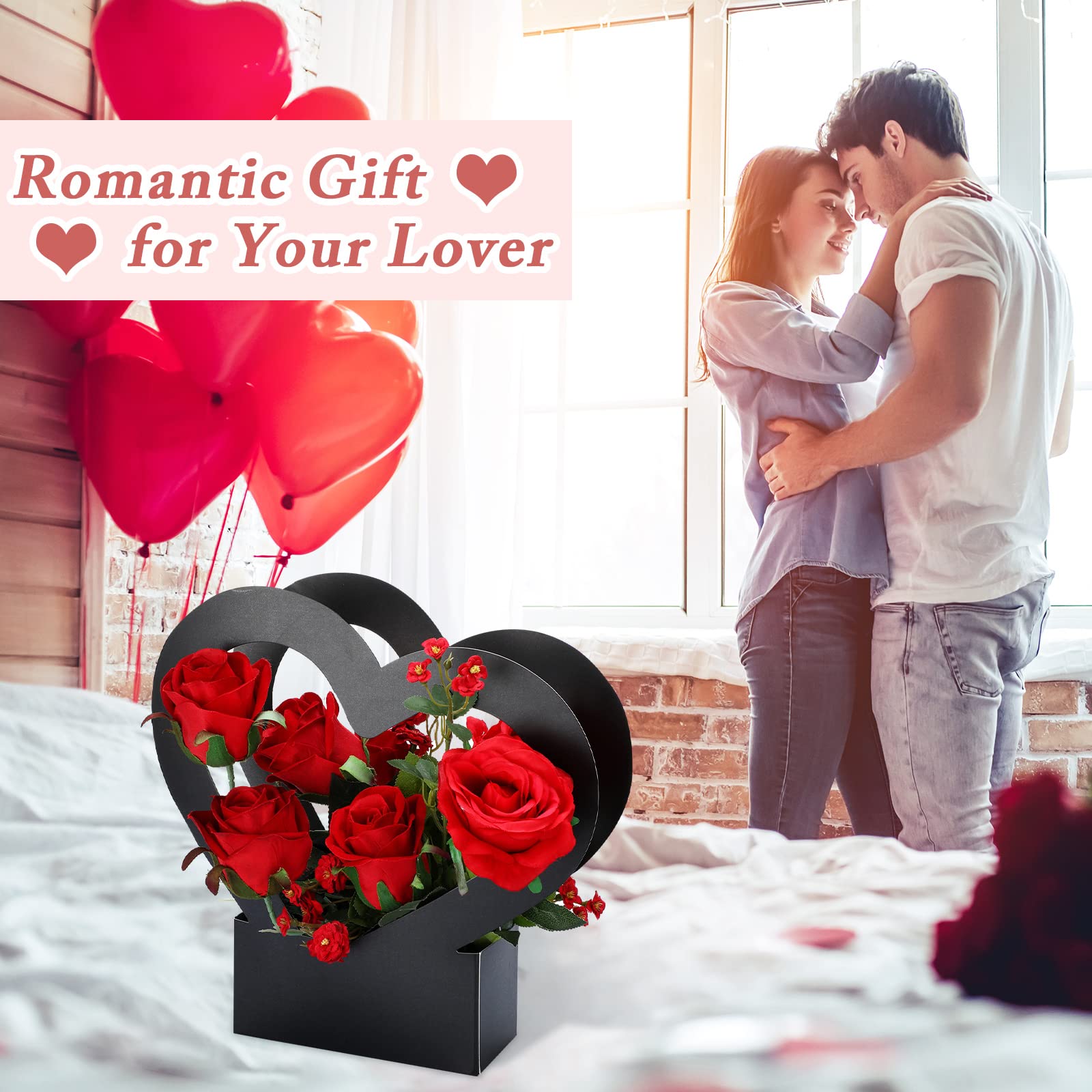 30 Pcs Flower Box for Arrangement Kraft Paper Flower Box Bouquet Flower Gift Bags with Handle Waterproof Packaging Floral Wrap Wedding Birthday Graduation Party, Black, White, Pink (Heart)