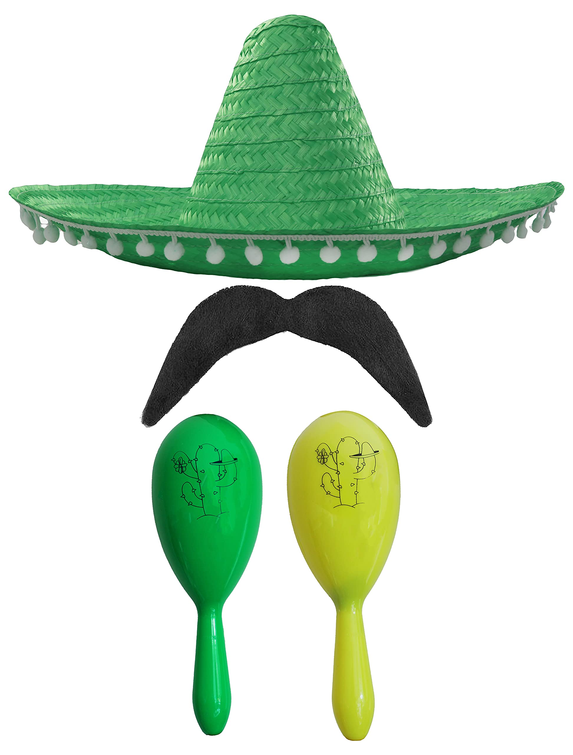 Adults Mexican Accessory Set - Green Mexican Sombrero, Green & Yellow Maracas, Moustache - Mexican Cinco de Mayo Sensorita Bandit Mariachi Fancy Dress Costume Accessory Set — image 1