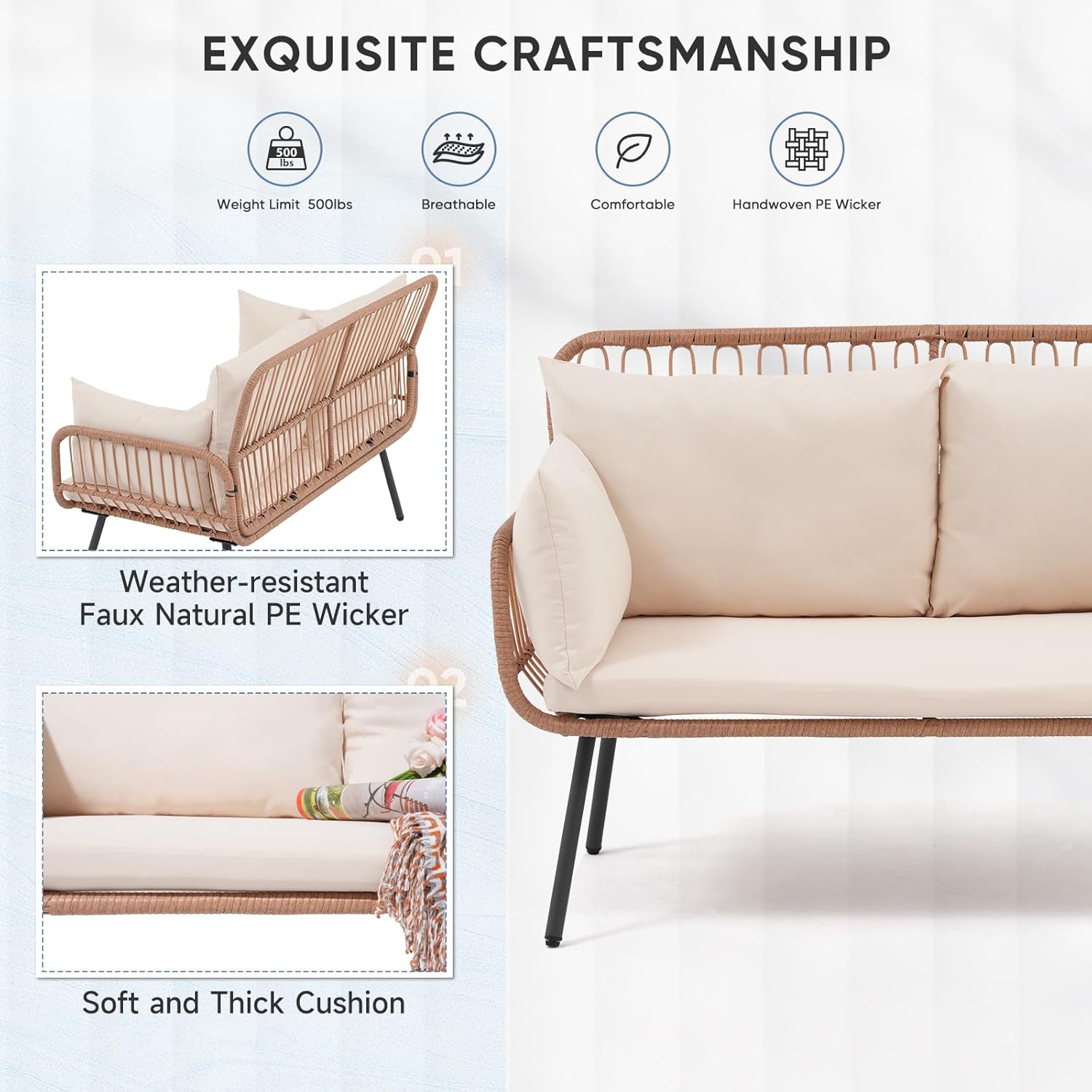 Verano Garden Patio Loveseat, Outdoor Balcony Furniture, Wicker Patio Set with Cushions & Pillows, Patio Furniture Couch for Porch, Backyard, Deck, Poolside (Cream White)