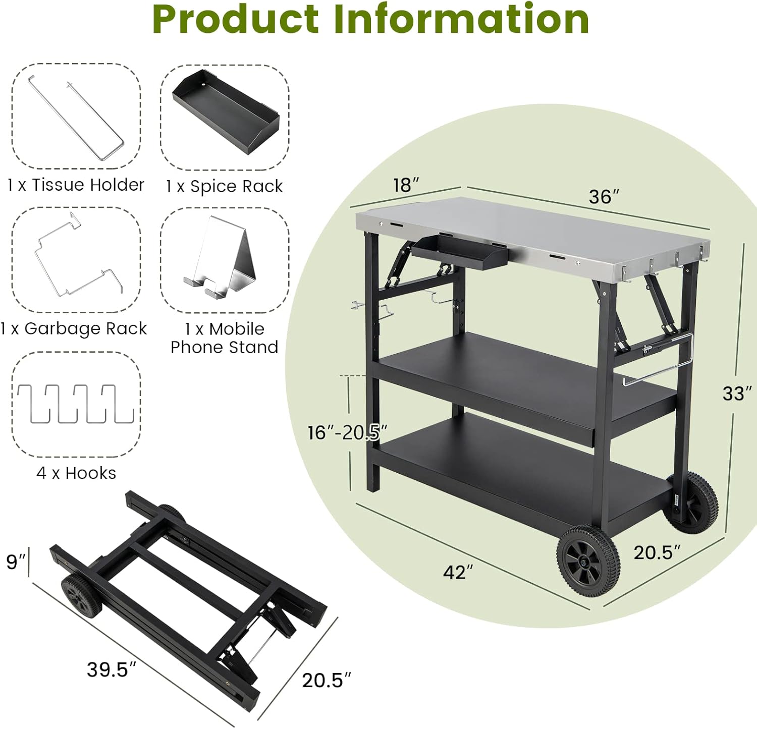 Giantex Outdoor Grill Cart with Wheels, Food Prep Table with 3 Storage Shelves, Detachable Spice Rack, Garbage Bag Holder, 4 Hooks, Movable Dining Cart Worktable Trolley for Outside Kitchen BBQ