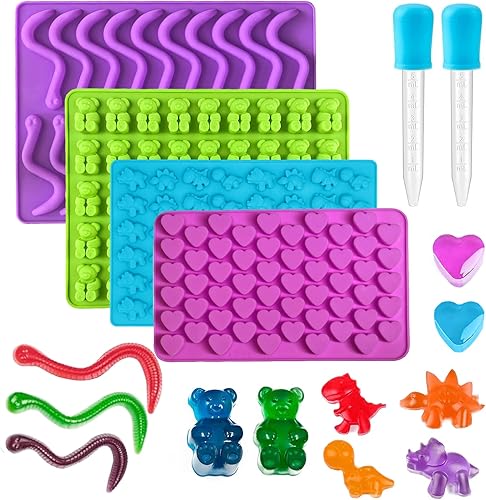 Moldes de goma para caramelos, mini osito de gomitacorazonesdinosauriosgusanos de gomita para niños con 2 cuentagotas, antiadherente y libre de BPA