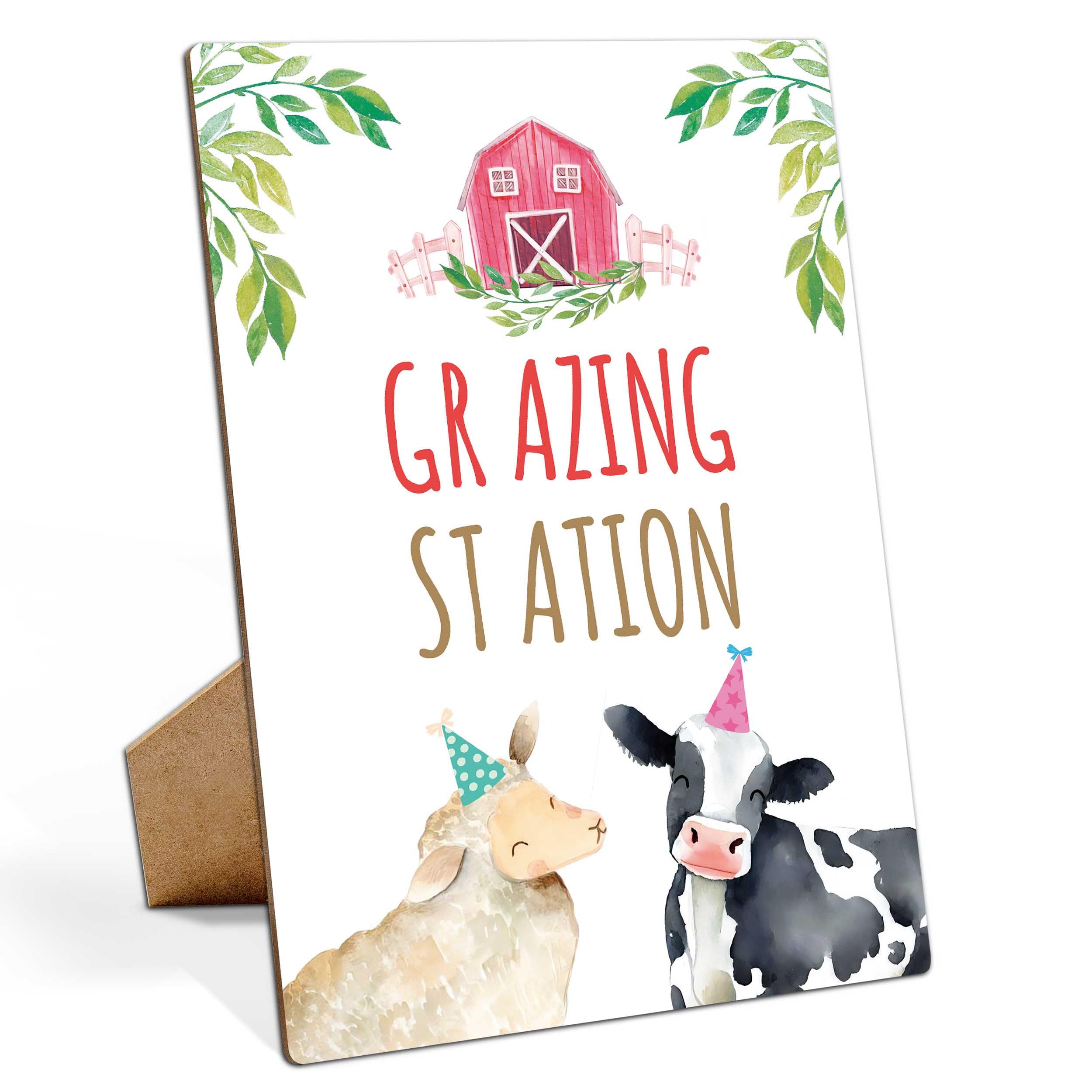 Muruseni Farm Animals Birthday Party Sign, Grazing Station, 8x11 inches, Wooden Play Sign with Stand, Farm Animal Birthday Decorations