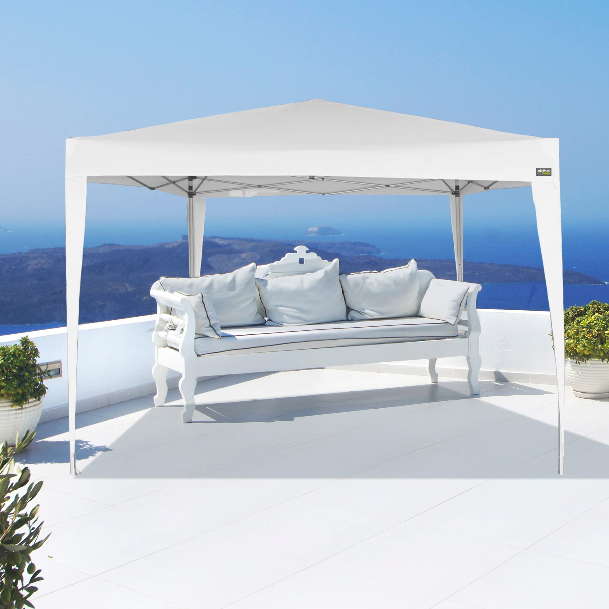 AKTIVE Tonnelle Pliante Réglable 300X300X240, 250 cm Blanche, Hauteur Réglable sur 3 Positions, Structure Métallique Robuste, Toit Étanche, Montage Rapide sans Outils (62187)