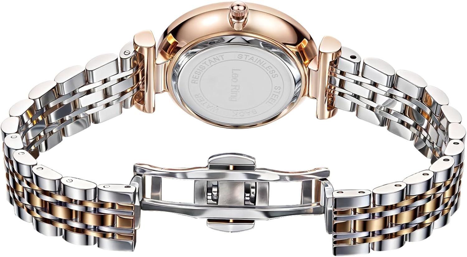 LEO RING Women's Luxury Crystal Diamond Watch - Big Face Round Dial with Roman Numerals, Two-Tone Stainless Steel Bracelet, Elegant Dress Quartz Wristwatch for Women - Image 3