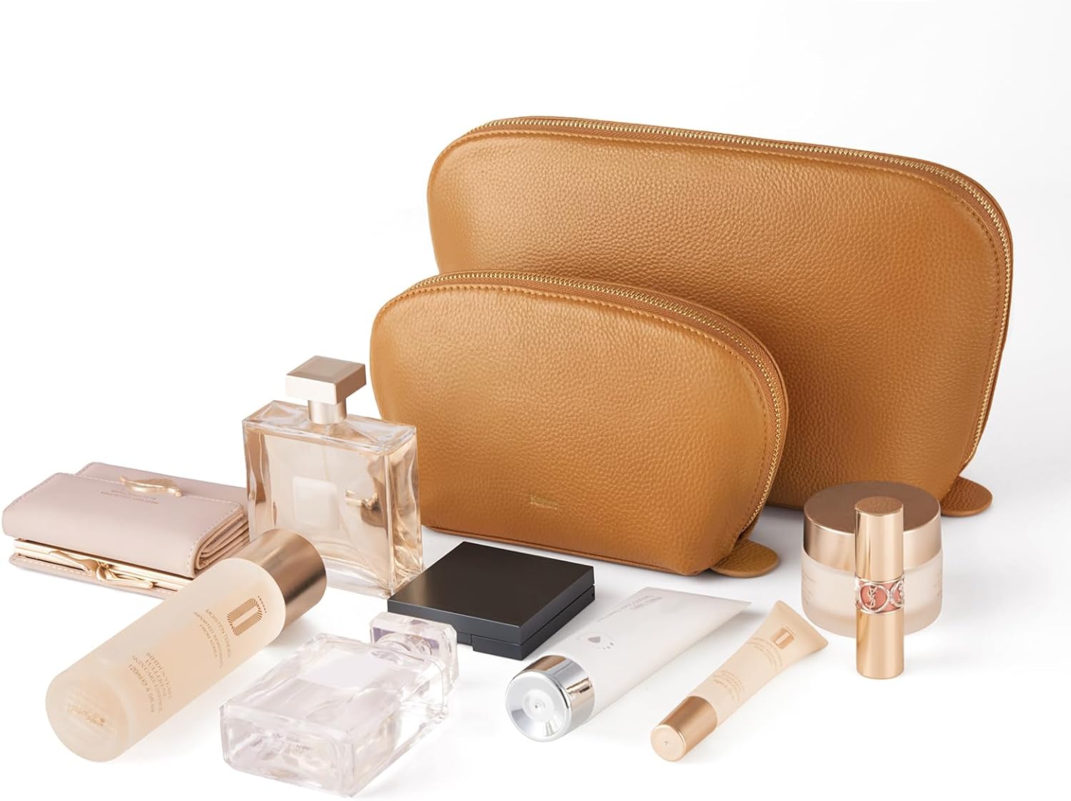 Kattee Leather Makeup Bag, Travel Cosmetic Bag Set, Toiletry Bag Organizer for Women, 1-PACK, Medium, Brown - Image 2