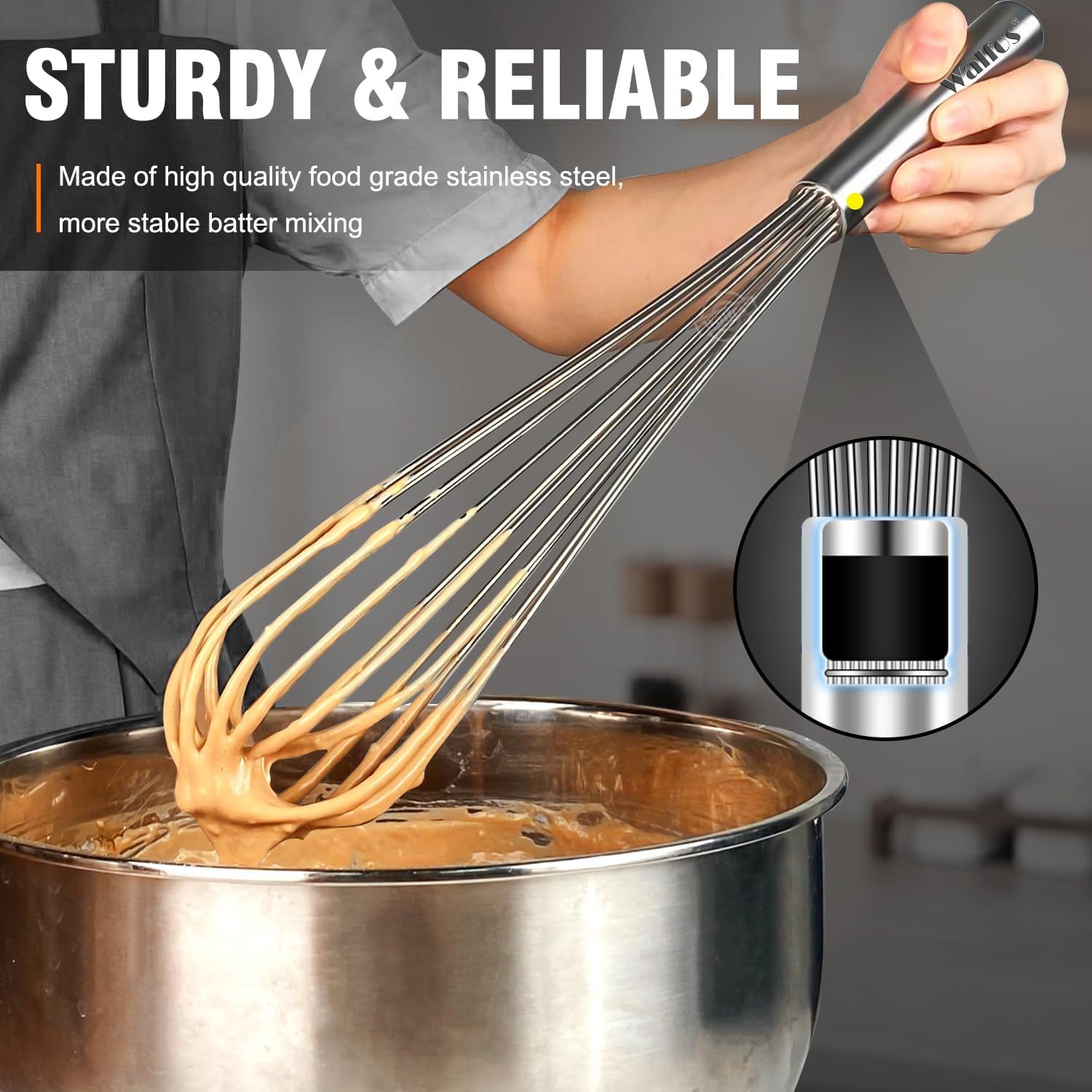 Walfos Whisks Large Whisk Set of 2, Heavy Duty Stainless Steel Wire Whisk Ideal For Beating Eggs, Mixing Batter & Blending Sauces.(13in+17in) - Image 7