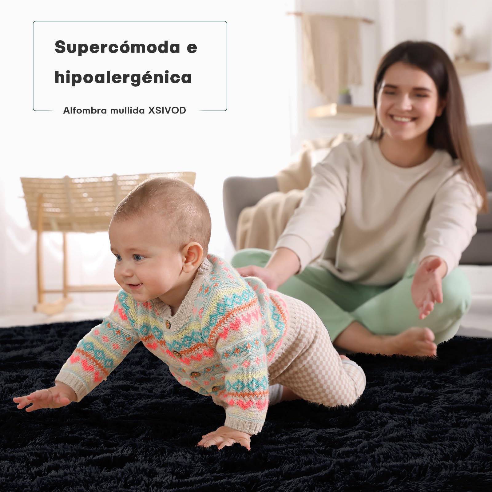 XSIVOD Alfombra mullida de pelo largo, color negro, lavable, 120 x 160 cm, para salón y dormitorio, antideslizante, moderna y suave para habitación infantil