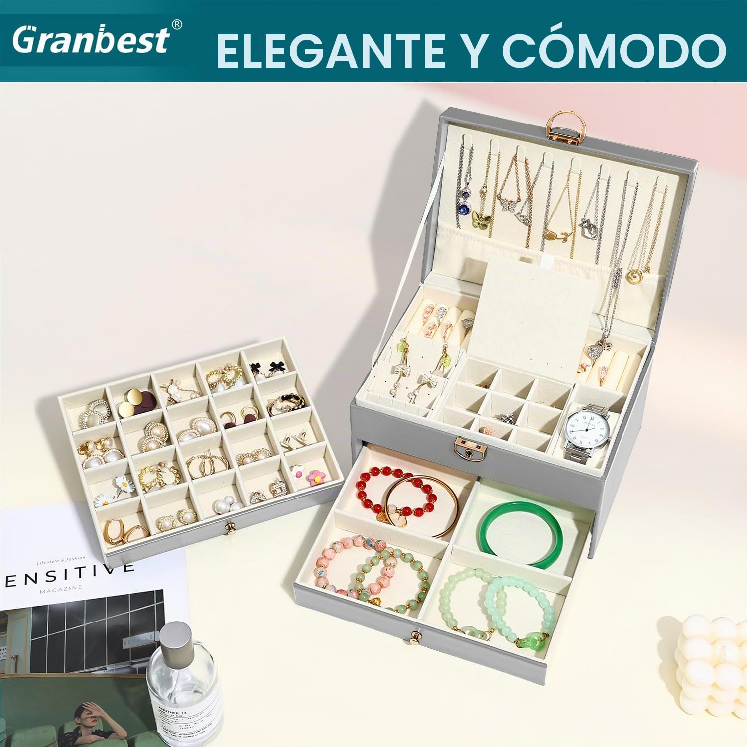 Granbest Joyero de 3 niveles con 2 cajones, caja de joyería de cuero para collares, pulseras, anillos y pendientes (gris)
