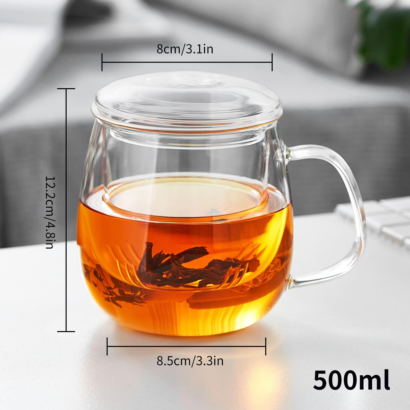 Tazze, Tazza da Tè in Vetro con Uovo e Coperchio, Grande, in Borosilicato, 500 ml, Tazza Trasparente per Tè Sfuso, Tazze Tè Fiorito, Tazza Vetro per Bustina da Tè