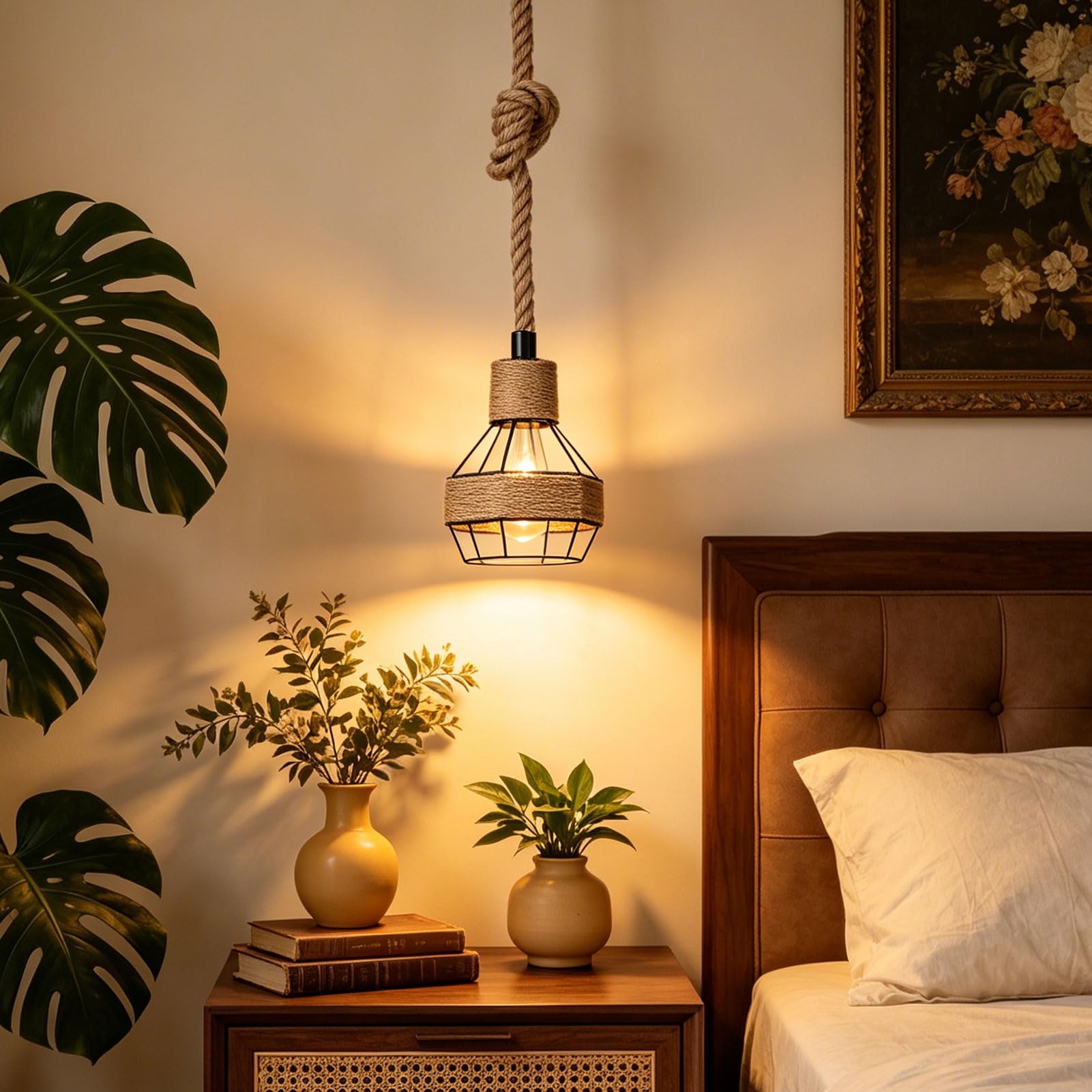 ACAREY Hanfseil Seillampe Seil Lampe, Lampenaufhängung Schwarz, Lampenfassung E27 mit Kabel, Lampenkabel mit Fassung, Outdoor Lampe Hängend, für Küche, Esszimmer, Café (A)
