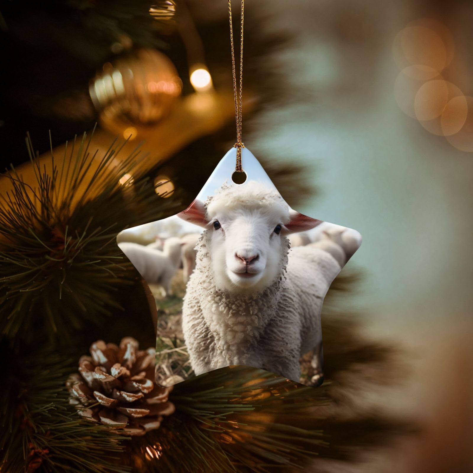 Christmas Ornaments for Christmas Tree Decoration Hanging Cute Sheep Lamb Ornament with Gold Ribbon Crafts Star Shape Ceramic Pendant for Keepsake Gifts Xmas Decor Party Supplies