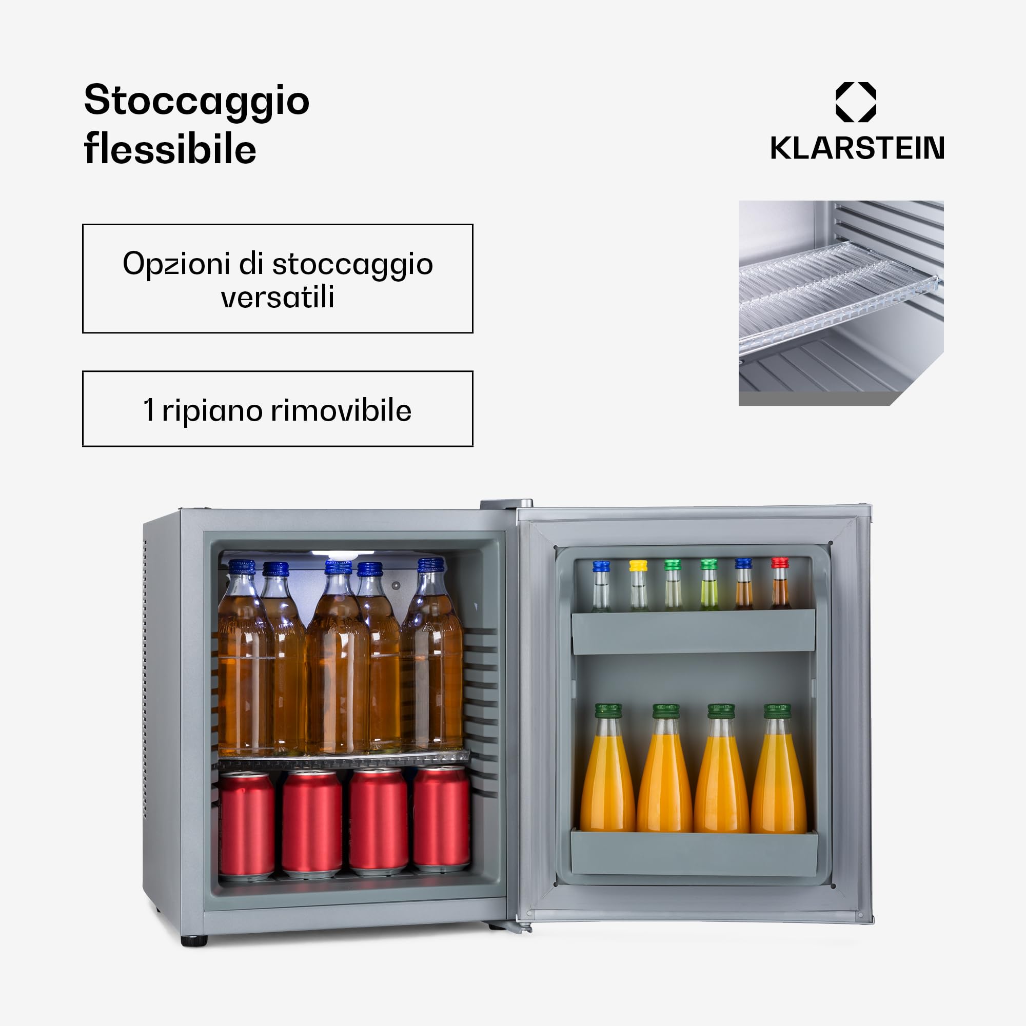 KLARSTEIN Mini Frigo da Camera, Frigo Portatile da Camera, Frigorifero Piccolo da Ufficio, Mini Frigo Bar da Camera con LED, Ripiani Rimovibili, Mini Frigo Portatile Campeggio e Skin Care 5-15°C, 30L