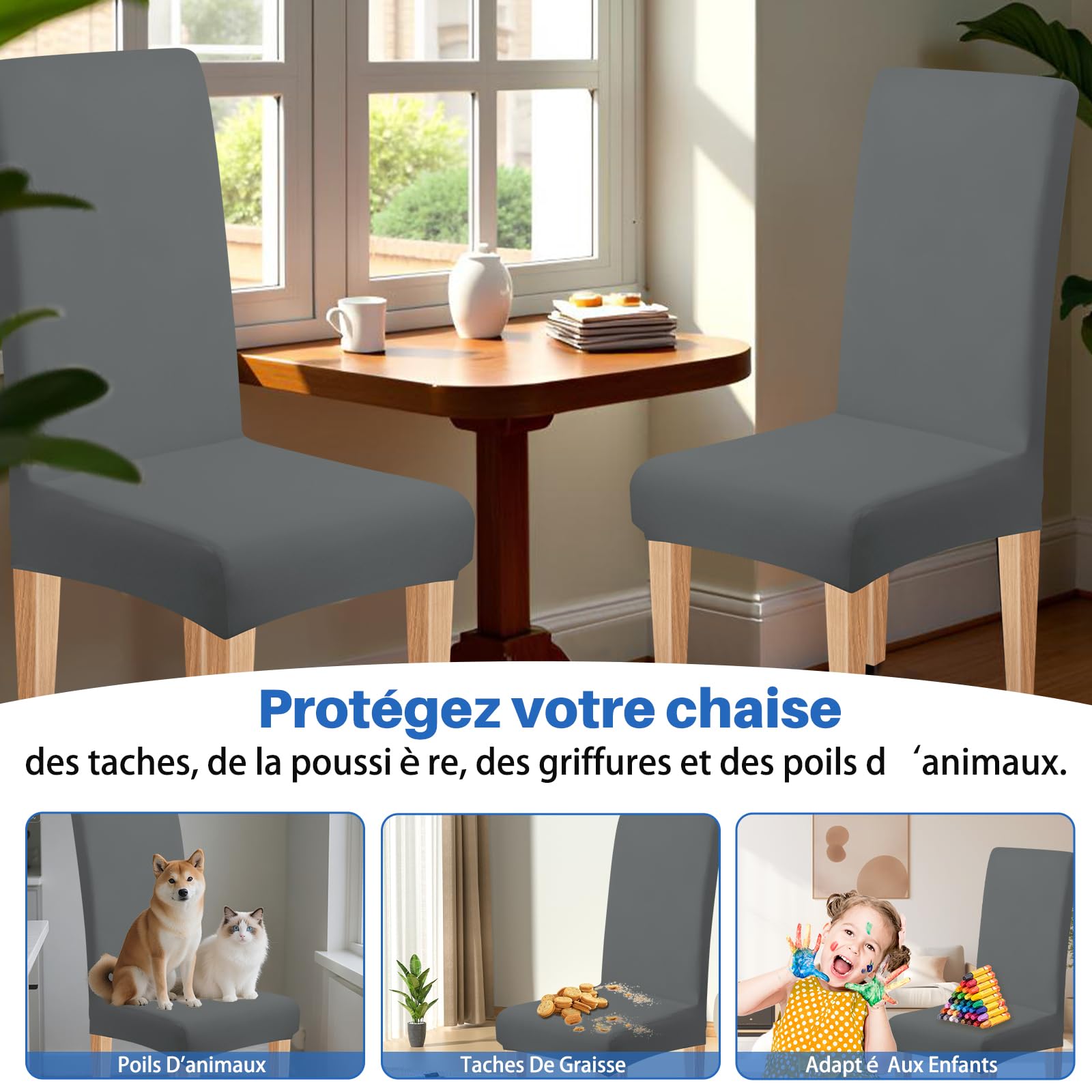 Housse de Chaise Extensible 4 Pièces Amovible Lavable Gris pour Salle à Manger Hôtel