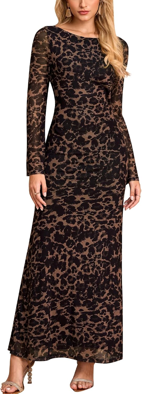 EYNMIN Long Sleeve Maxi Dress Backless Tie Bodycon Mesh 2025 Fall Formal Wedding Guest Dresses for Women