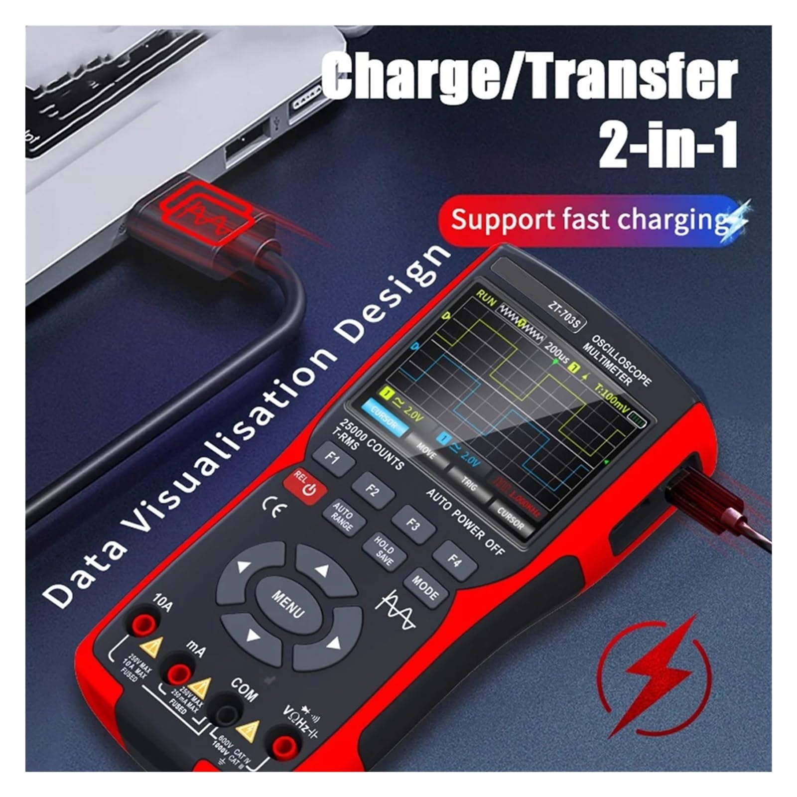 Oszilloskop-Multimeter ZT703S 3in1 Digital-Oszilloskop-Multimeter 50MHz 280MS Rate PC Wellenform Datenspeicherung Dual Generator,zur Messung