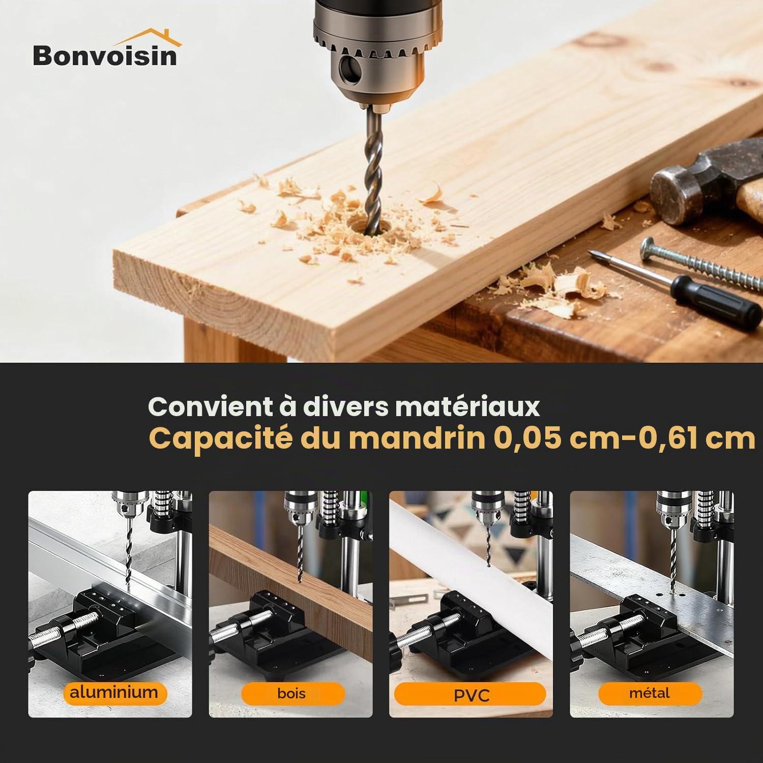 Bonvoisin Mini Perceuse à Colonne d'Établi 3415tr/min Réglable en Hauteur | Double Alimentation, Mandrin 0,02"-0,24", Hauteur Réglable 0-1,65", 3415tr/min, Moteur Cuivre, Pour Bois/Métal/Plastique
