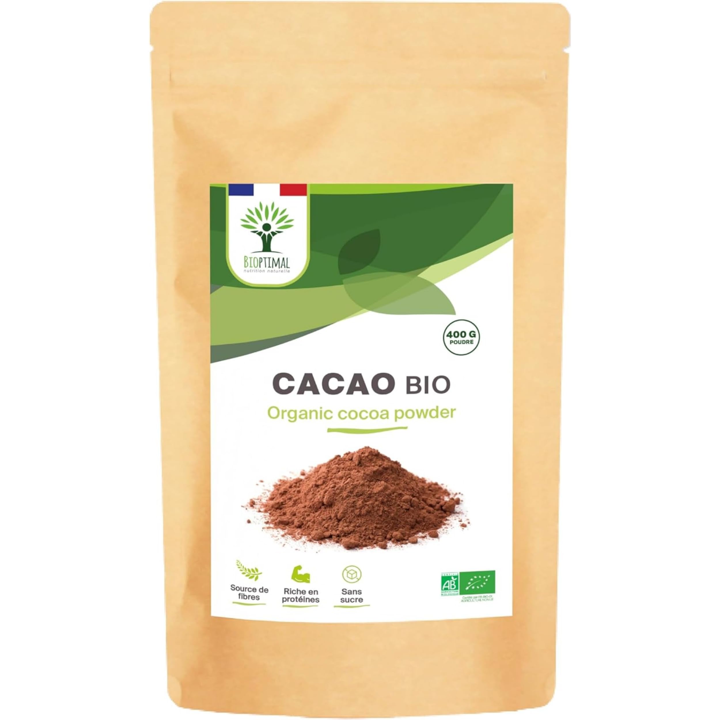 BIOPTIMAL - Cacao orgánico en polvo - Chocolate caliente pastelería postre - Sabor intenso - Sin azúcar - Bajo en grasas - No Alcalinizado - 100% haba de cacao - Envasado en Francia - Ecocert - 300 g