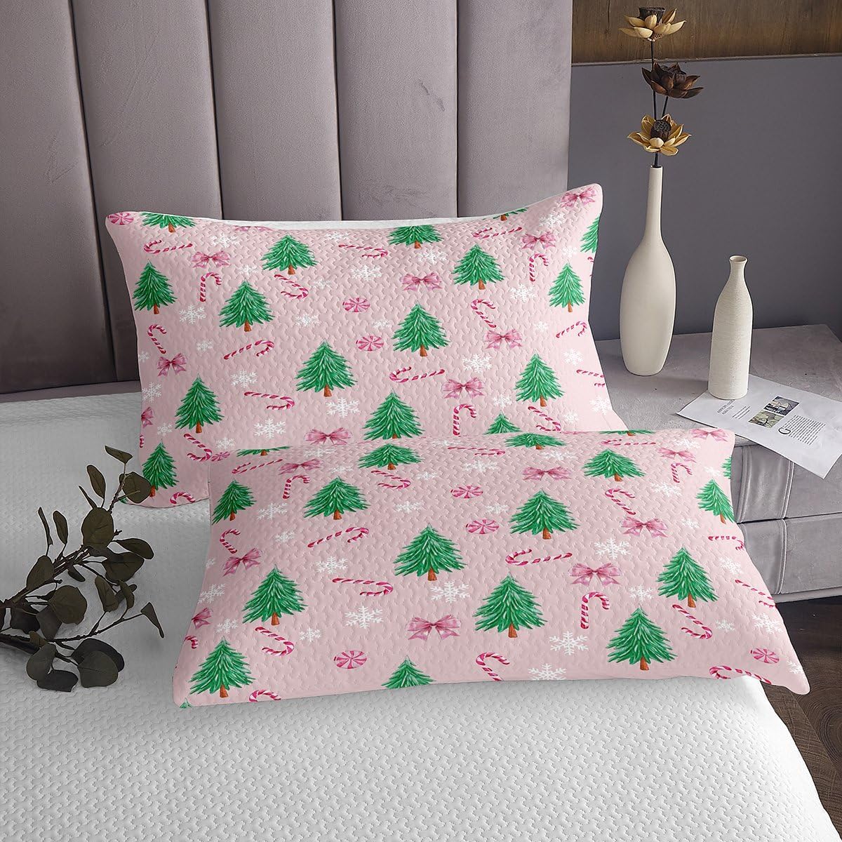 Erosebridal Christmas Tree Quilt Set Queen Kawaii Candy Bow Bedspread Bowknot Xmas Snowflake Coverlet Set for Kids Adults,Pink Green Cute Holiday Bedding Quilted