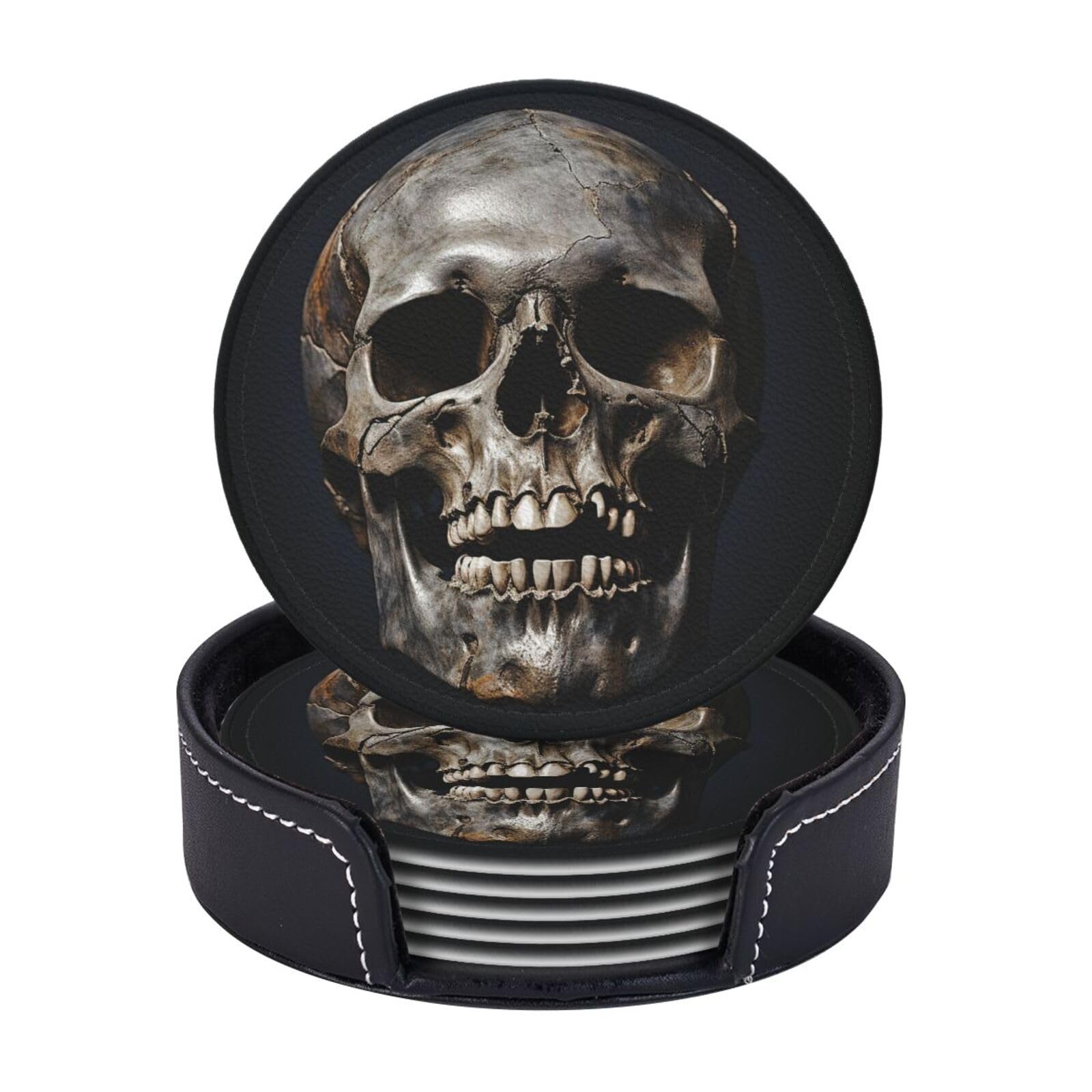 6Pcs PU Leather Coaster for Drinks, Death Skull Cup Coasters with Holder, Aesthetic Drink Coasters for Coffee Table, Round Coaster for Tabletop Protection 4" Cup Mat Pad