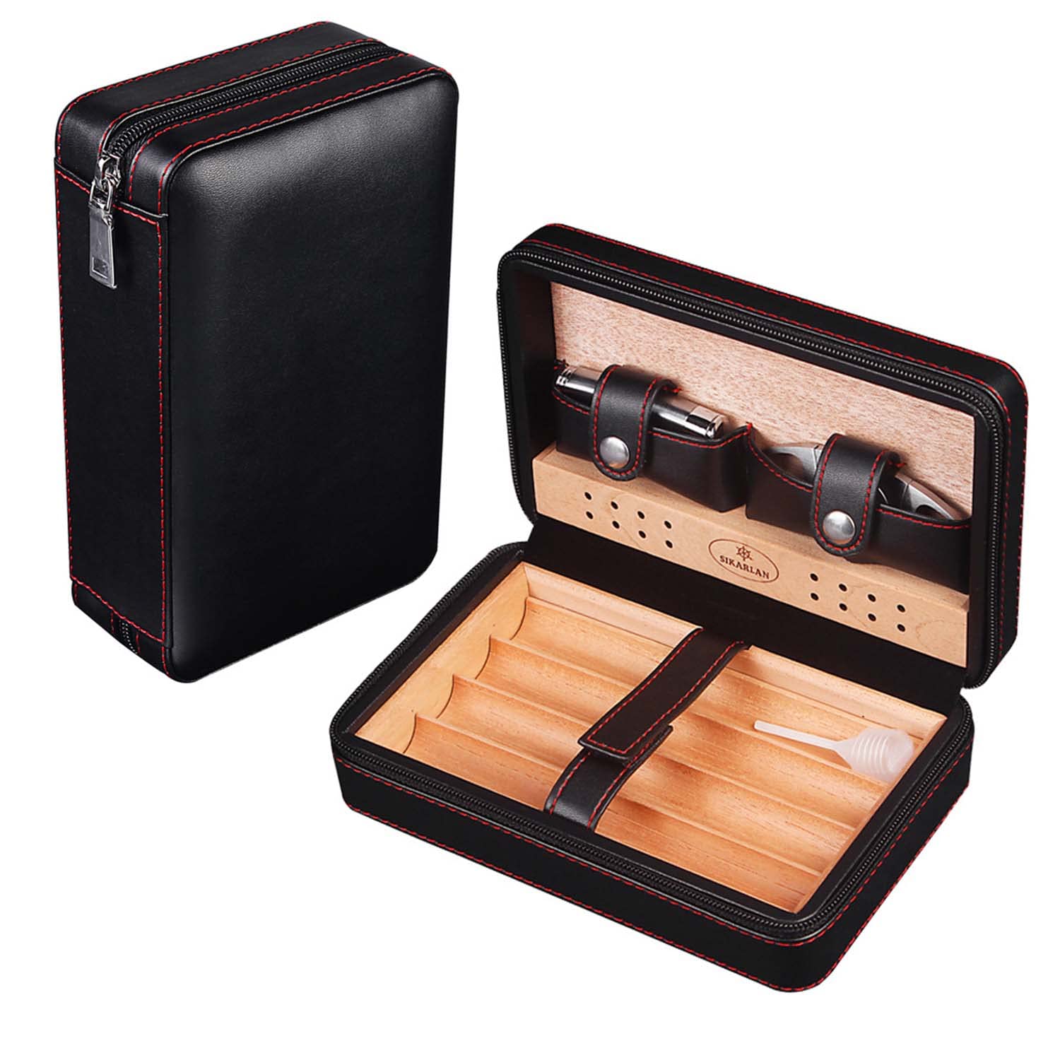 Étui à Cigares En Cuir Pour 4 Cigares - Avec Coupe-Cigare, Briquet Et Humidificateur - Cadeau Homme - Anniversaire, Fête Des Pères Cadeau Fête Des Pères Cigare