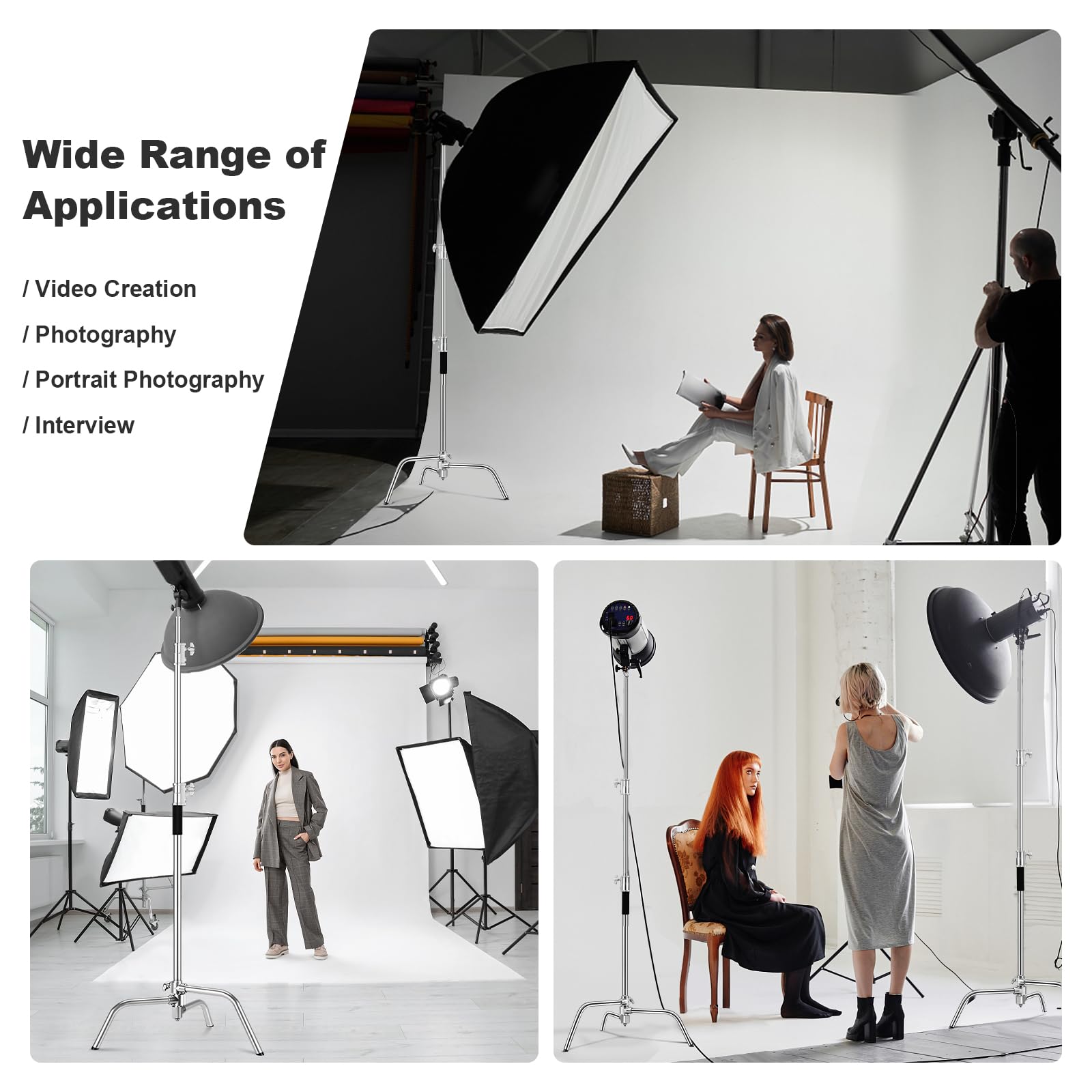Soonpho 2-Pack C Stand 100% Acero Inoxidable Heavy Duty Soporte C Trípode para Softbox Reflectores Plata 330cm Ajustables Fotografía Soporte en C para Godox AD200 Pro SK400II Aputure 120D