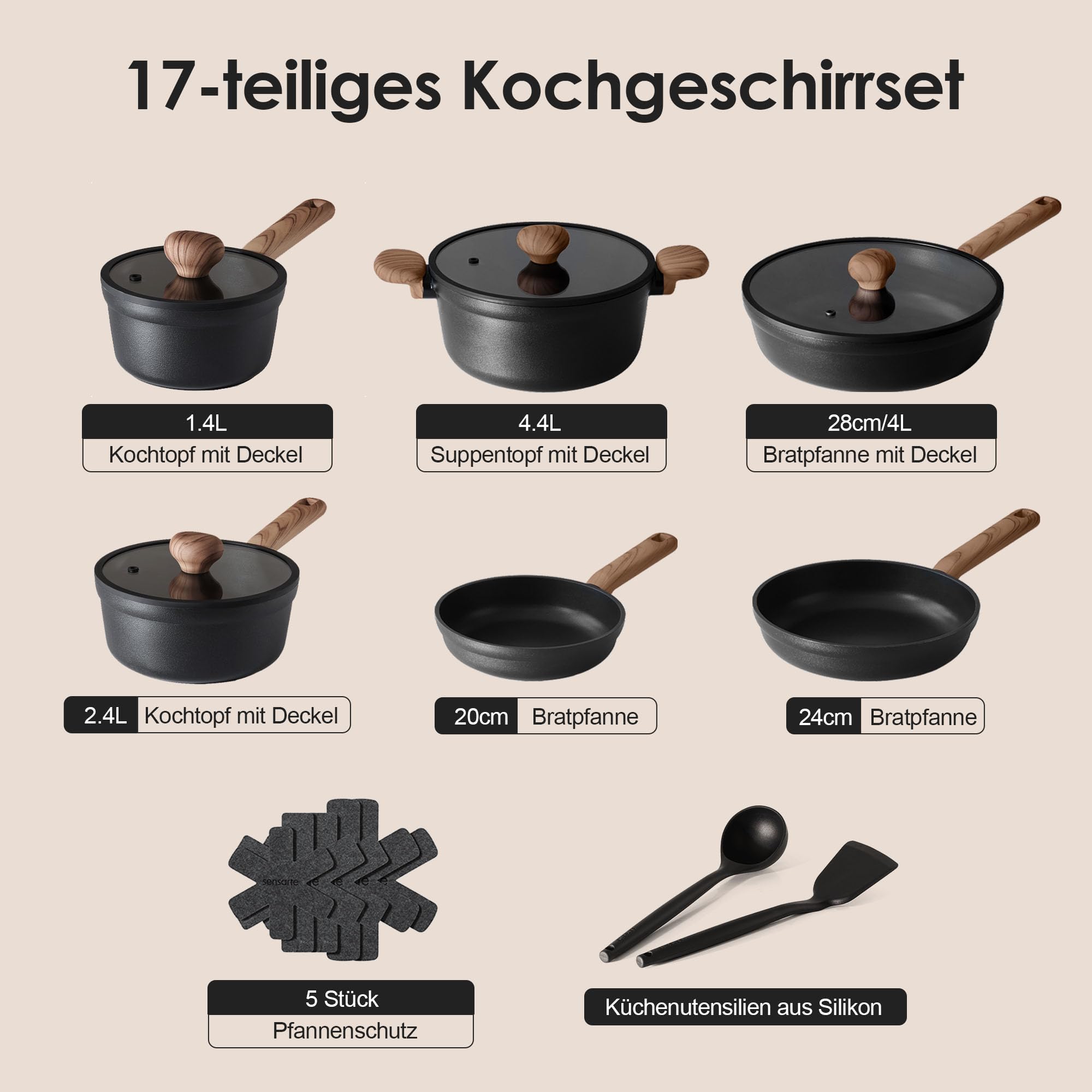 SENSARTE 17-Teilig Topfsets Pfannenset, Kochtöpfe Set, Schwarze