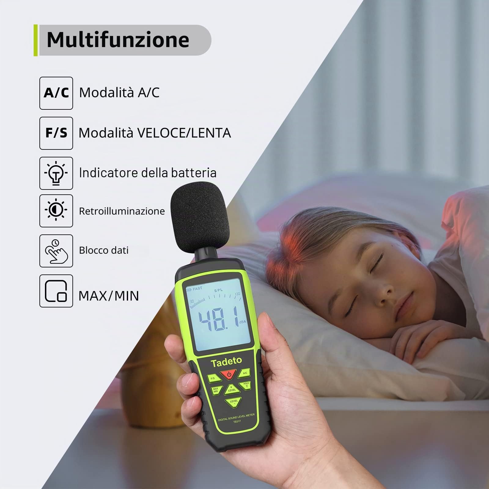 Fonometro， Tadeto Fonometro Professionale Portatile da 30dB a 130dB con Display LCD retroilluminato,Misura del rumore MAX/MIN,Conservazione dei dati,Modalità A/C，per aula, ufficio, fabbrica