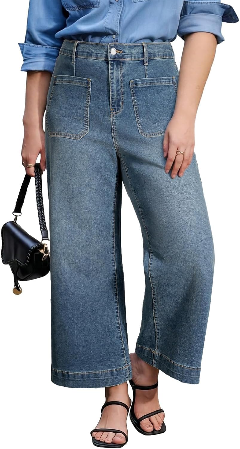 Eytino Plus Size Jeans for Curvy Women High Waisted Wide Leg Stretchy Straight Leg Ankle Denim Pants with Pockets(1X-5X)