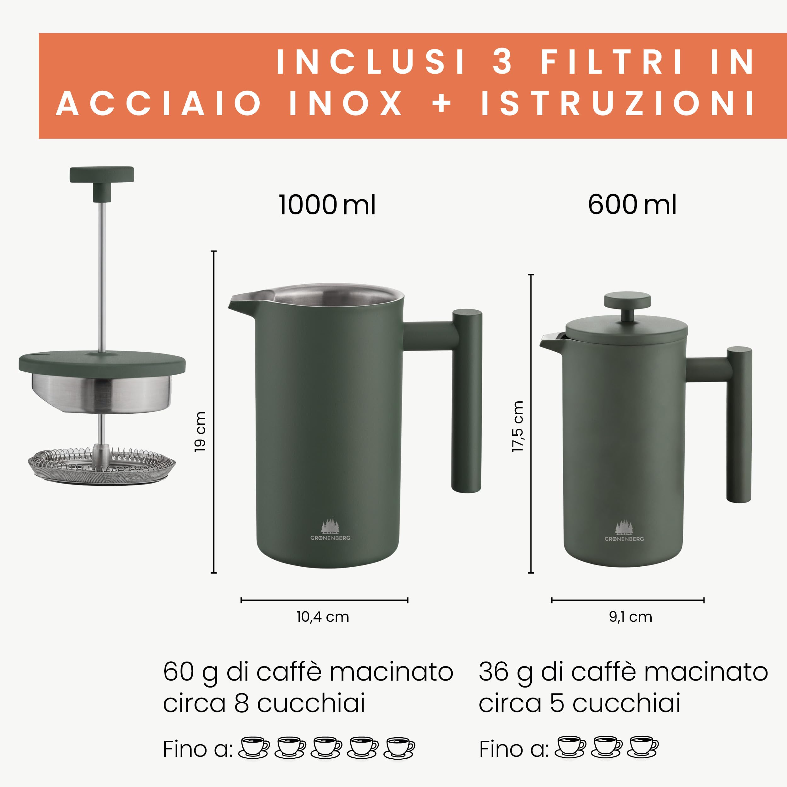Groenenberg French Press Forest 600ml (3 Tazze) l Caffettiera francese in acciaio inox l Caffettiera pistone con filtri di ricambio e funzione termica