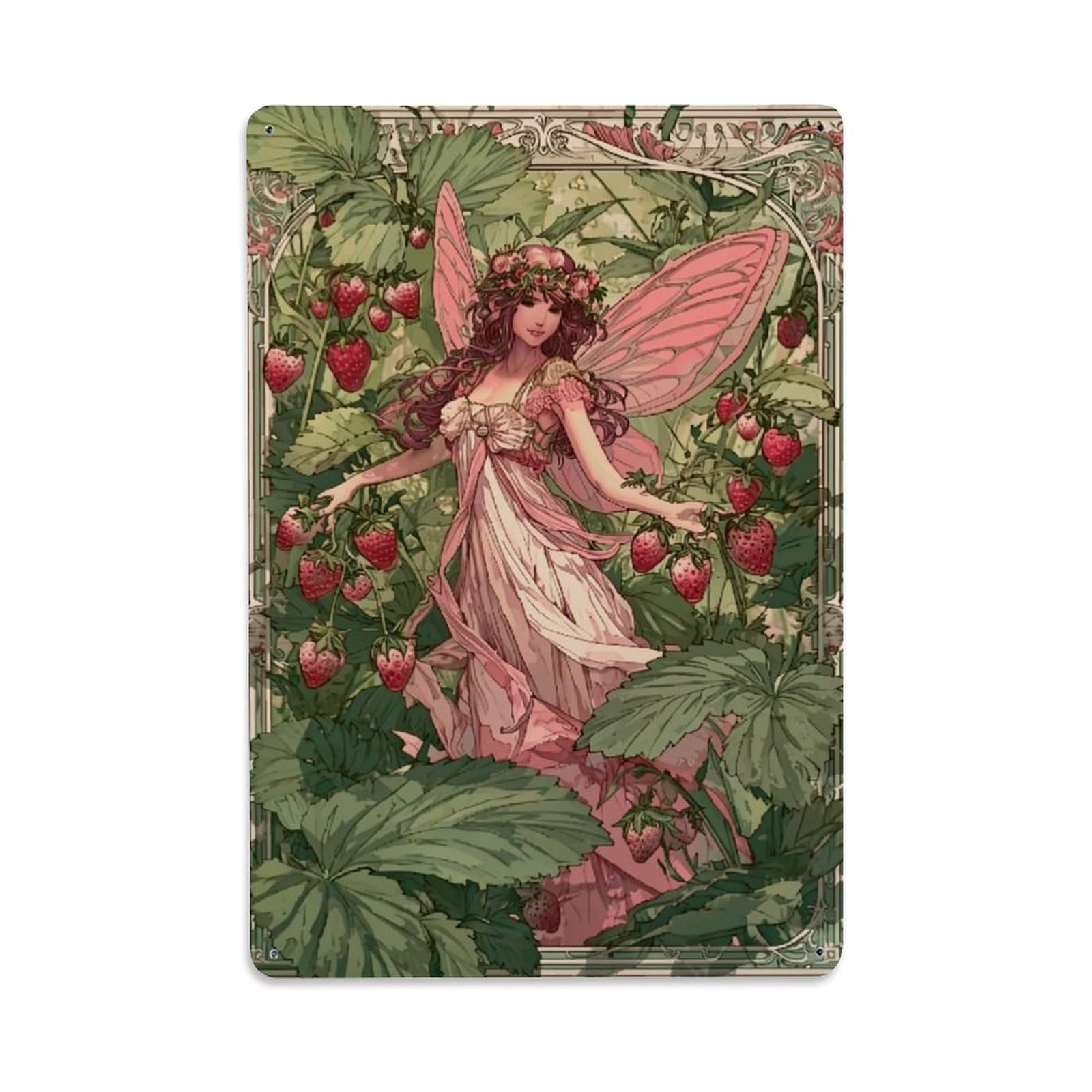 Jdfenggu Vintage Fairy Strawberry Garden Artwork Pattern Retro Metal Tin Sign, Decor Art Poster For Bar, Home, Man Cave, Kitchen, Laundry Room Gift 8X12inch