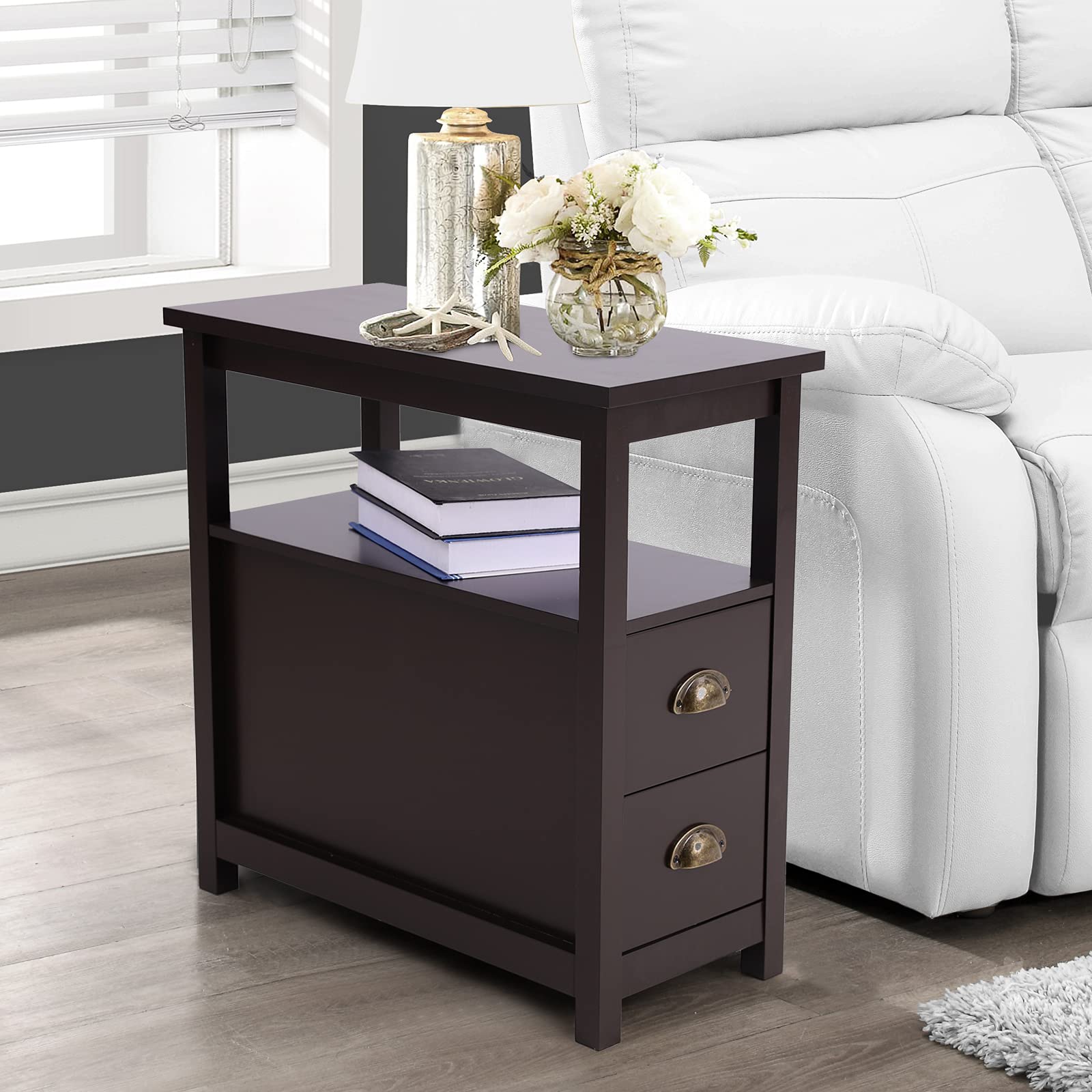 MAISON ARTS Brown Narrow End Table with 2 Storage Drawers & Open Storage Shelf Sofa Side Table Compact Nightstand Bedside Table for Living Room Bedroom, Brown