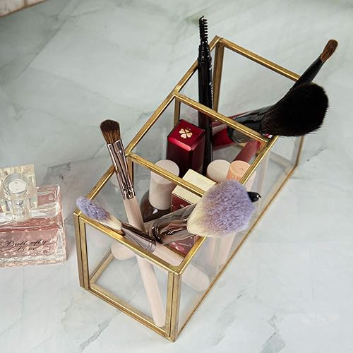 Miniatura 4 de NIUBEE Portalápices acrílicos, 3 compartimentos, organizador de lápices dorado para almacenamiento de accesorios de escritorio de encimera