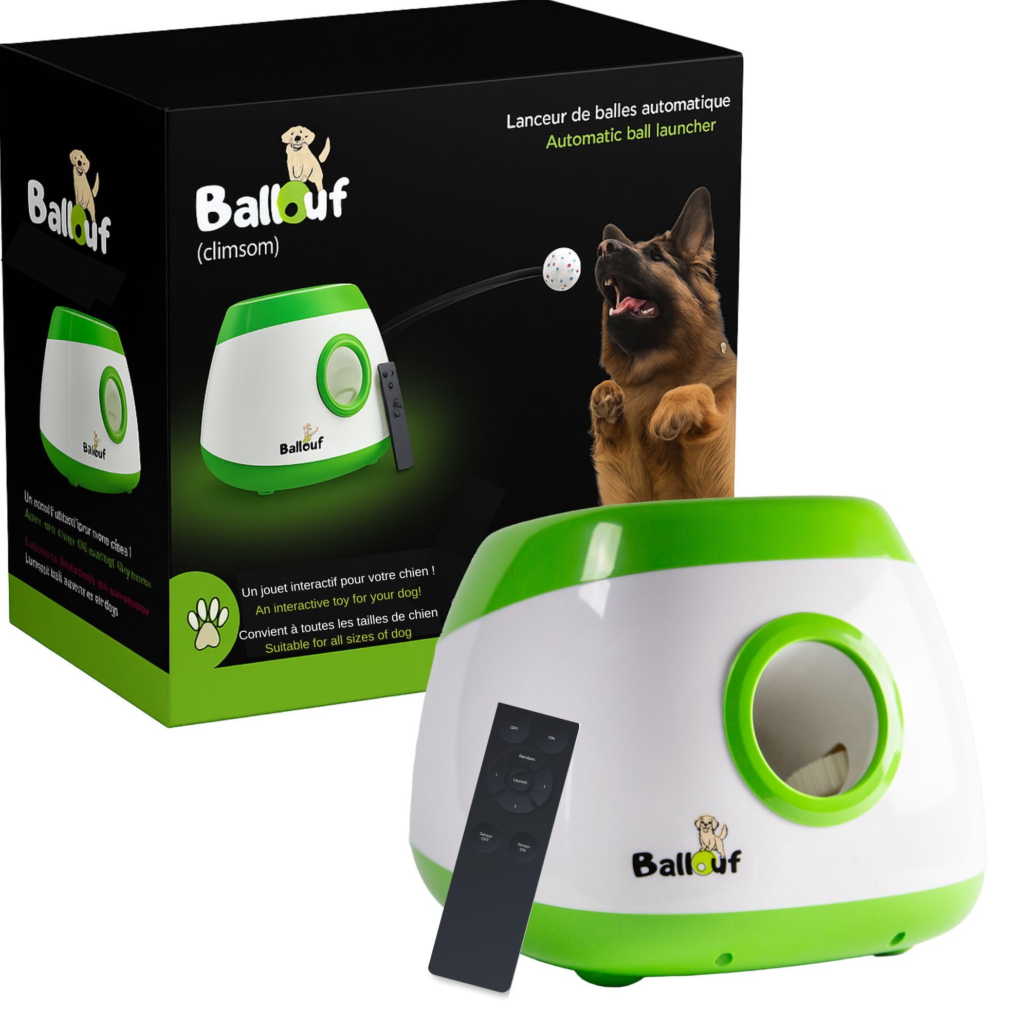 Climsom Lanceur de Balles Automatique Reconditionné pour Chiens Ballouf Deluxe – Inclus 6 balles – 6 Heures d'Autonomie – Télécommande Incluse – 3 Réglages de Distance