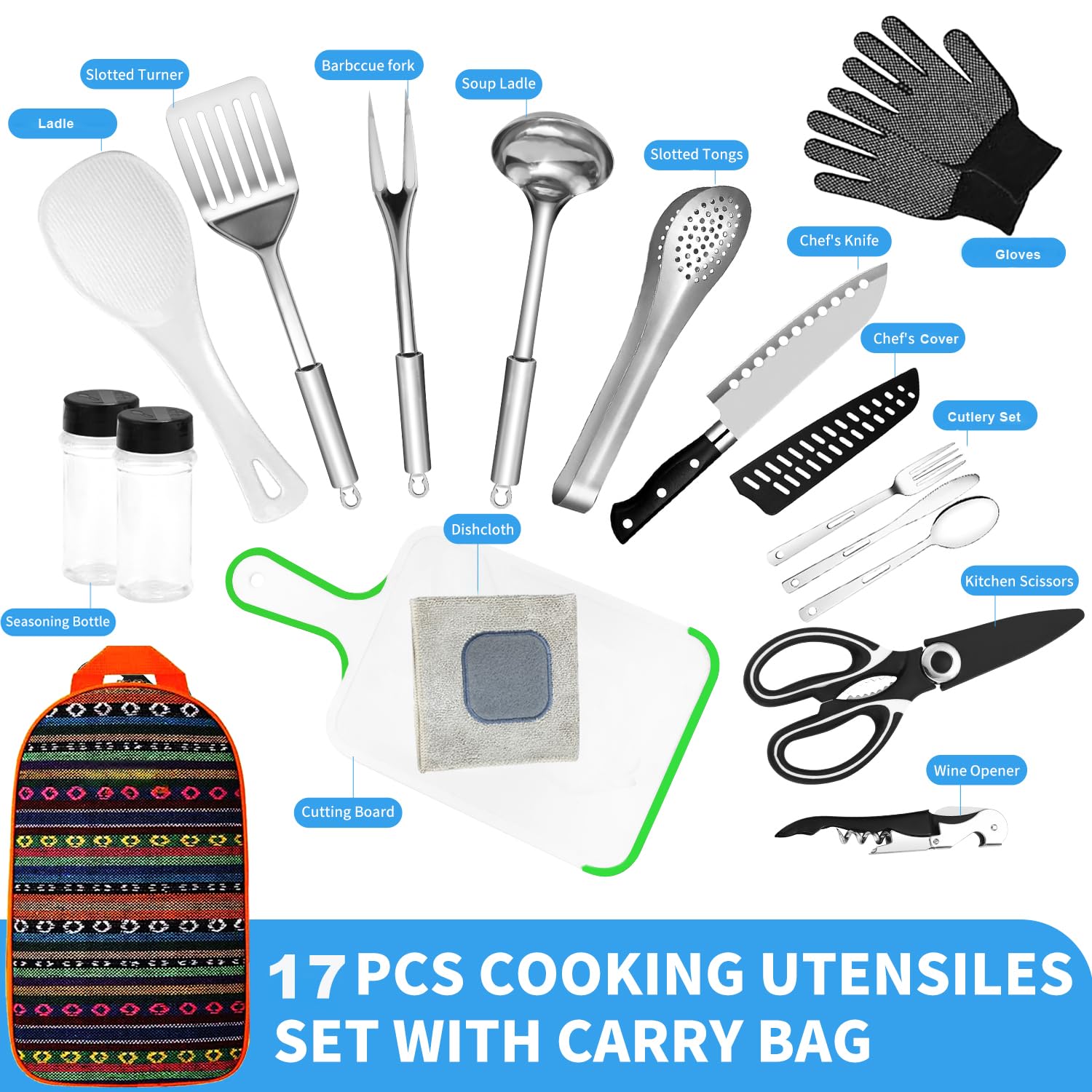 Jorunhe 17PCS Portable Camping Cooking Utensils Set, Camping Essentials with Stainless Steel, Mixed Colours, 17PCS Size - Image 3