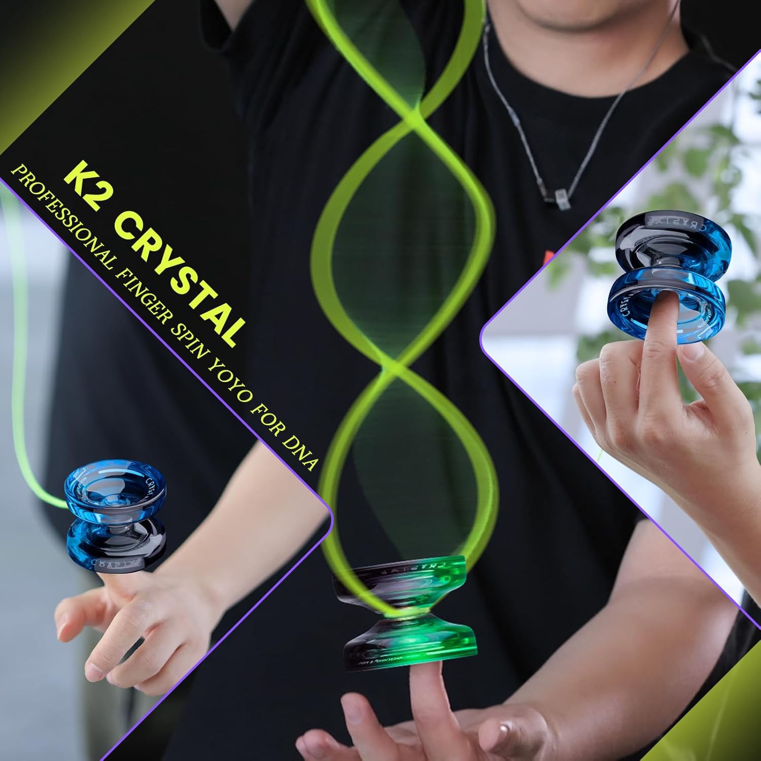 MAGICYOYO K2 Crystal Yoyo Pack of 2, Dual Purpose Responsive & Unresponsive Yoyo for Kids 8-12, Plastic Professional Yo Yo for Adults, Complete yo-yo Accessories Included (Black Green+Black Blue)