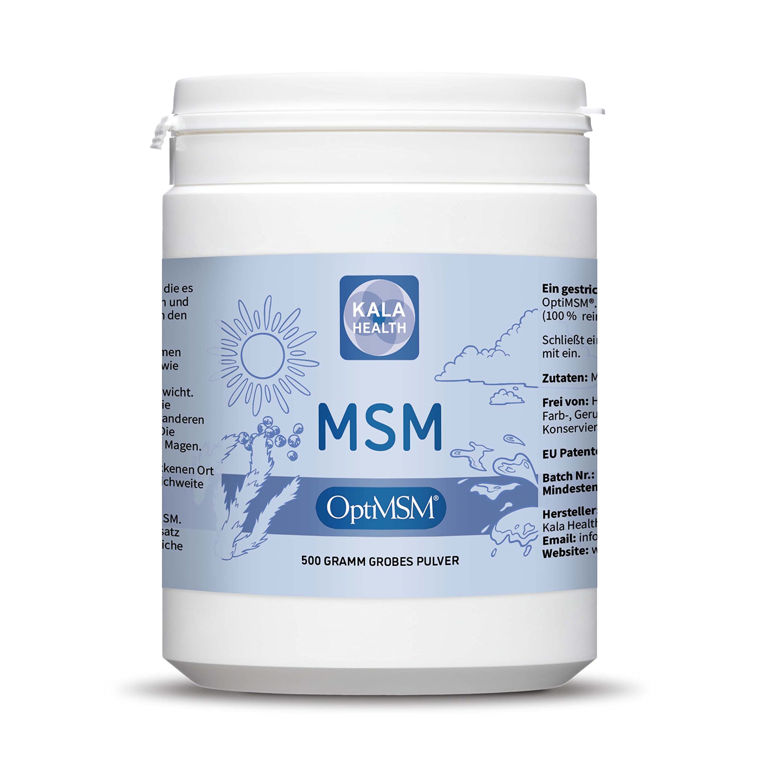 Kala Health OptiMSM MSM Pulver ohne Zusatzstoffe 500g - Methylsulfonylmethan Schwefelpulver 1.000 mg OptiMSM® MSM pro Portion, vegan, glutenfrei, lactosefrei, allergenfrei ohne jegliche Zusätze