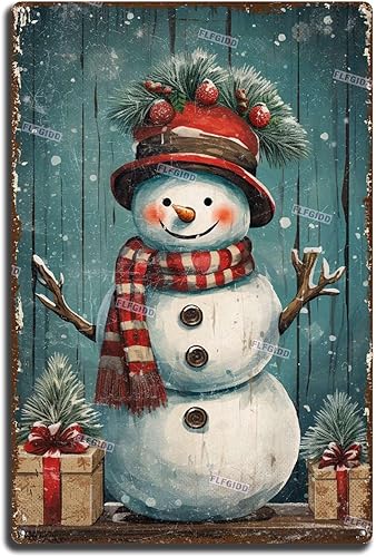 Letrero de aluminio de hojalata de Navidad vintage, muñeco de nieve, decoración de pared de metal, decoración festiva para patio, garaje, cueva,