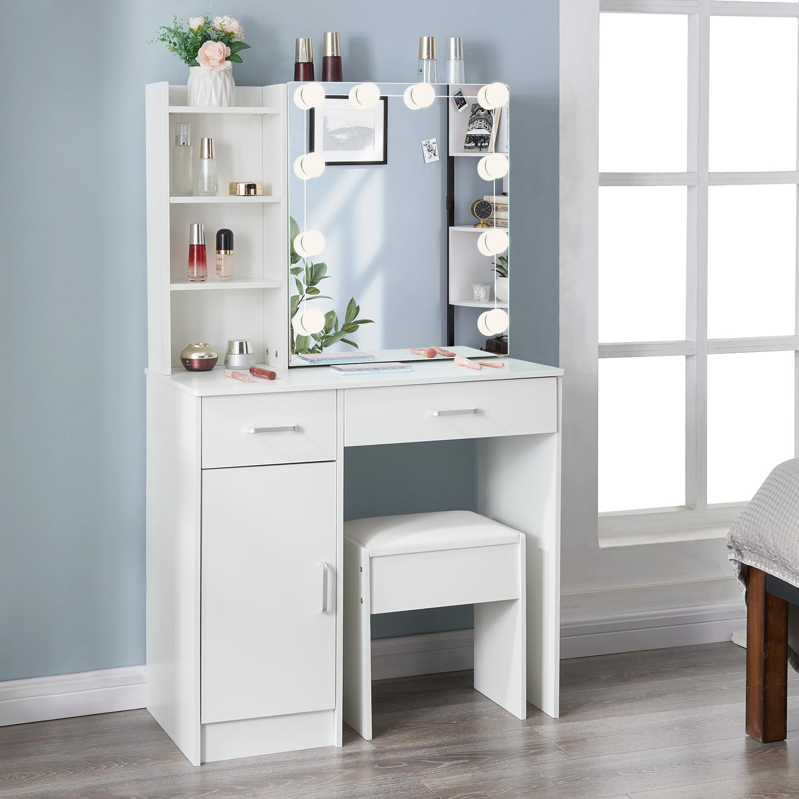 Makeup Vanity Desk with Mirror and Light, 3 Color Dimmable Vanity Table for Girls Bedroom, Modern Makeup Vanity with 3 Drawers, White Vanity with Large Storage Cabinet