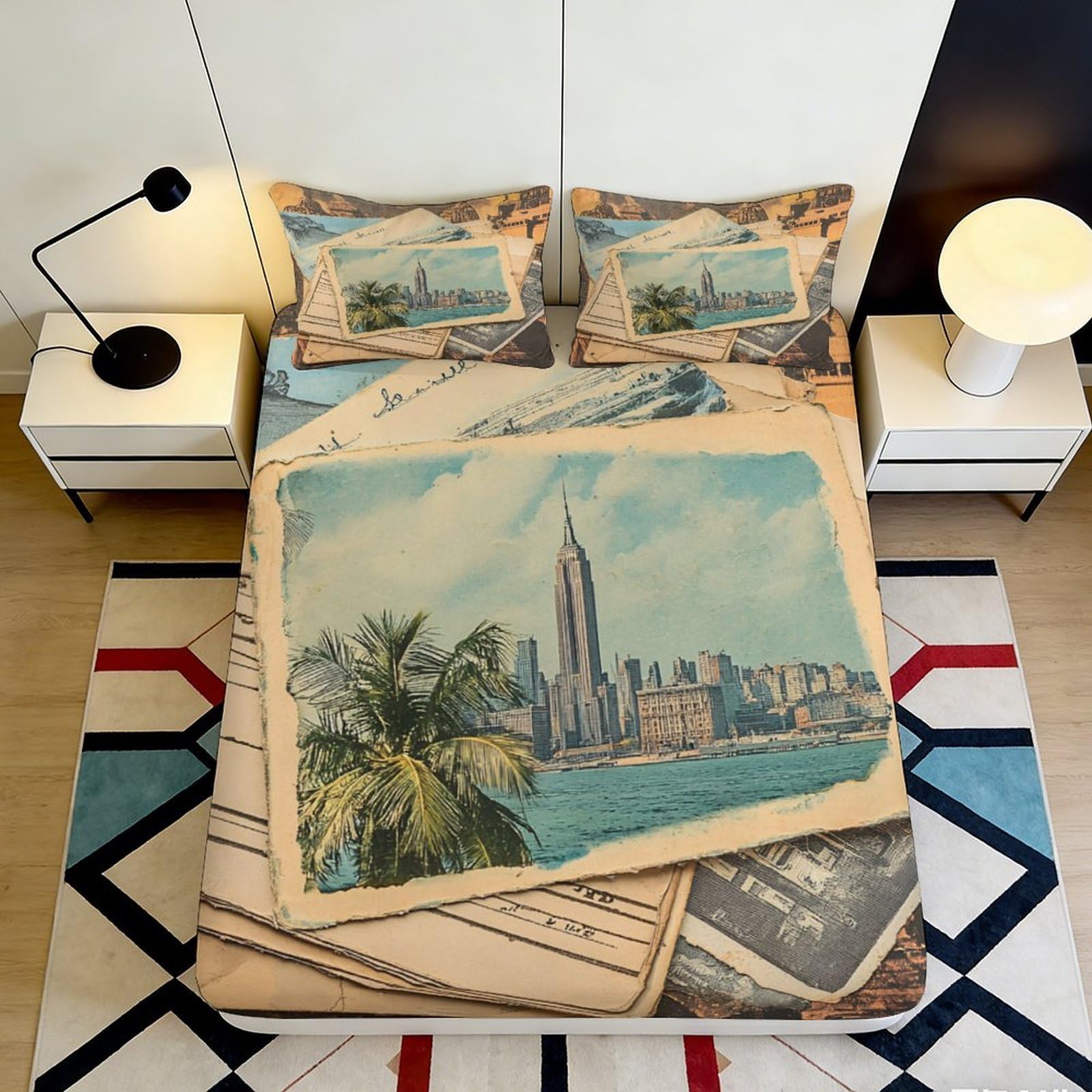 3D Printed Vintage Cityscape Fitted Sheet Microfiber Soft Urban Postcard Bed Cover for Bedroom Decor Dorm Mattress Protection 90x200x25cm