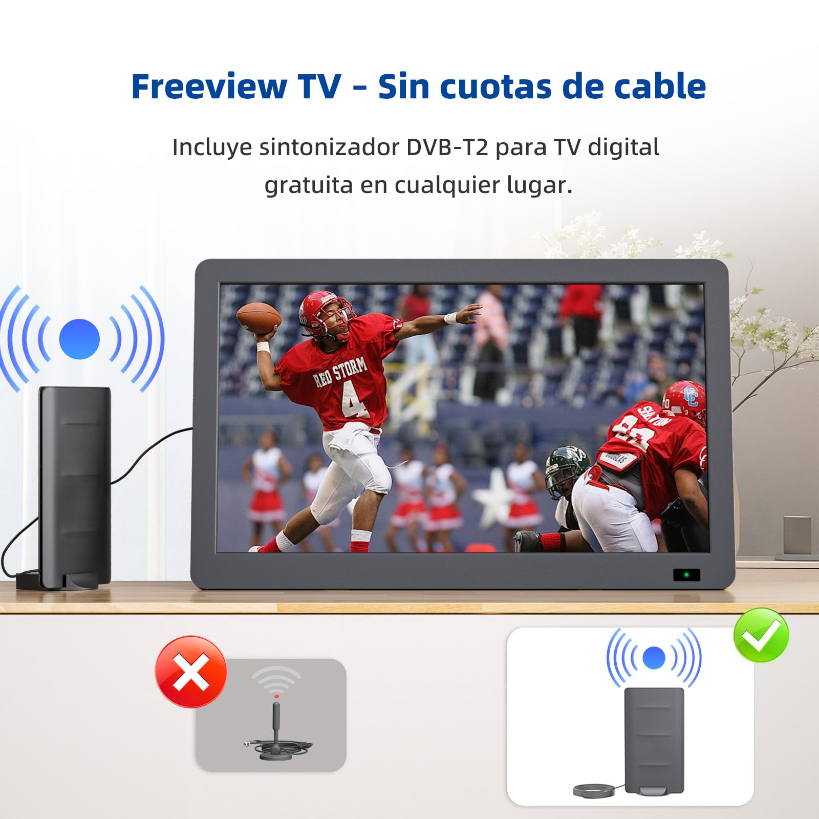Desobry Televisor portátil de 14,3 Pulgadas con Antena, Pequeño televisor portátil con sintonizador DVB-T2, Mini televisor LCD Que se Carga con Pilas