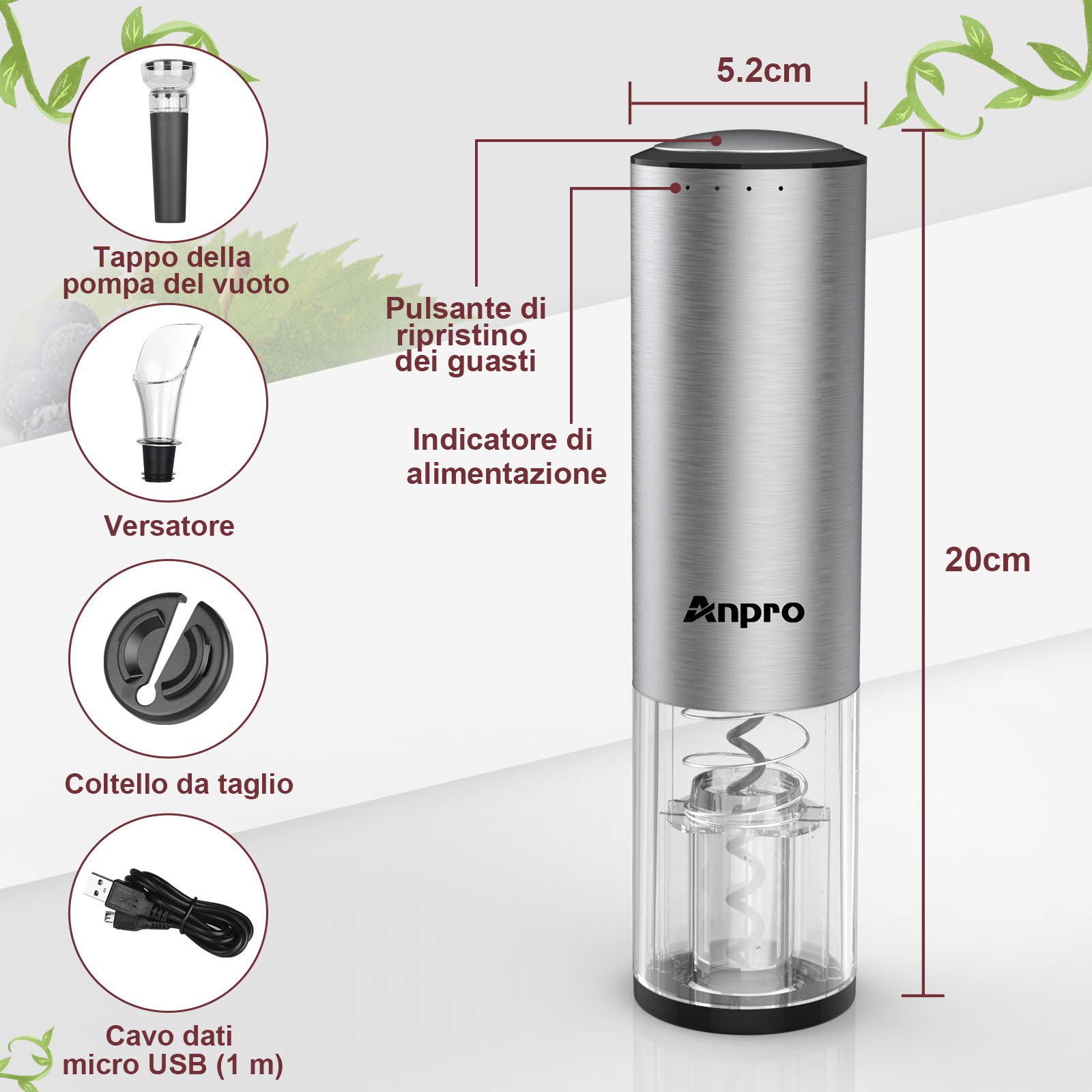 Anpro Cavatappi Elettrico Automatico Set con Versatore Vino, Taglierina, Tappo Sottovuoto