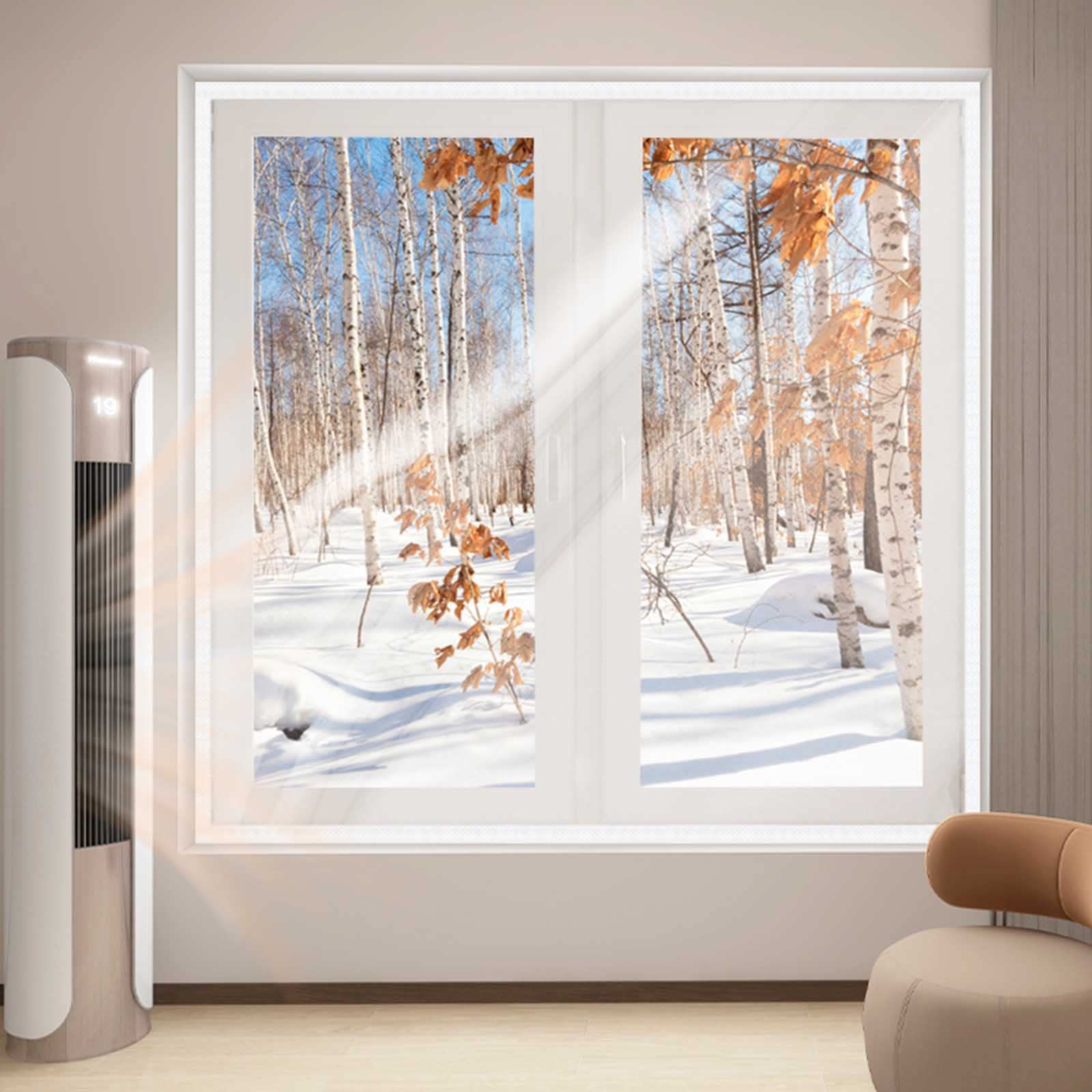 Isolationsset für Terrassentür und Fenster, transparente Isolierfolie für den Winter, wetterfest, verstellbar, PVC mit Hakenband, 100 x 120 cm, Weiß