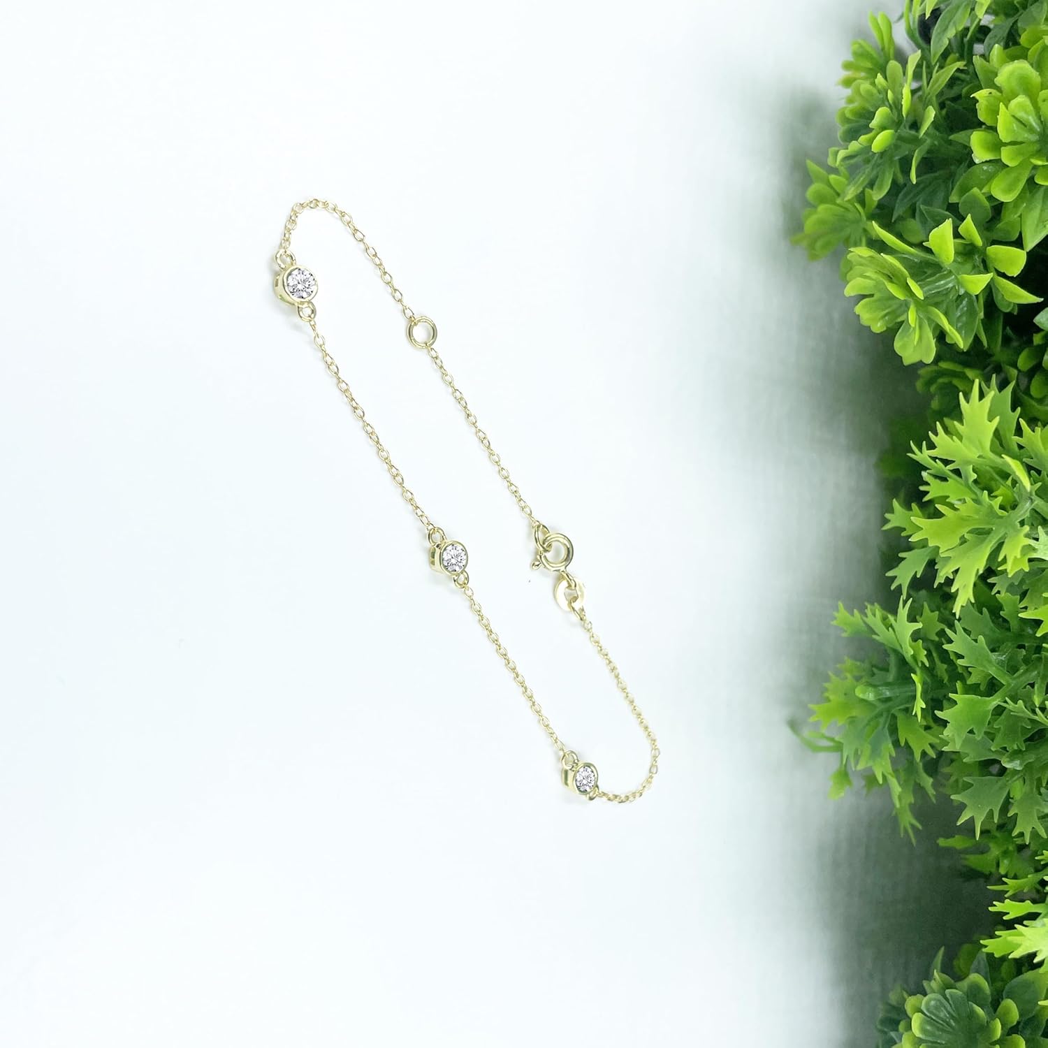 3- Stone Diamond Solitaire Bracelet For Women 14K Gold Finish Bezel Set Diamond Chain Bracelet, Ladies Three Stone Bracelet