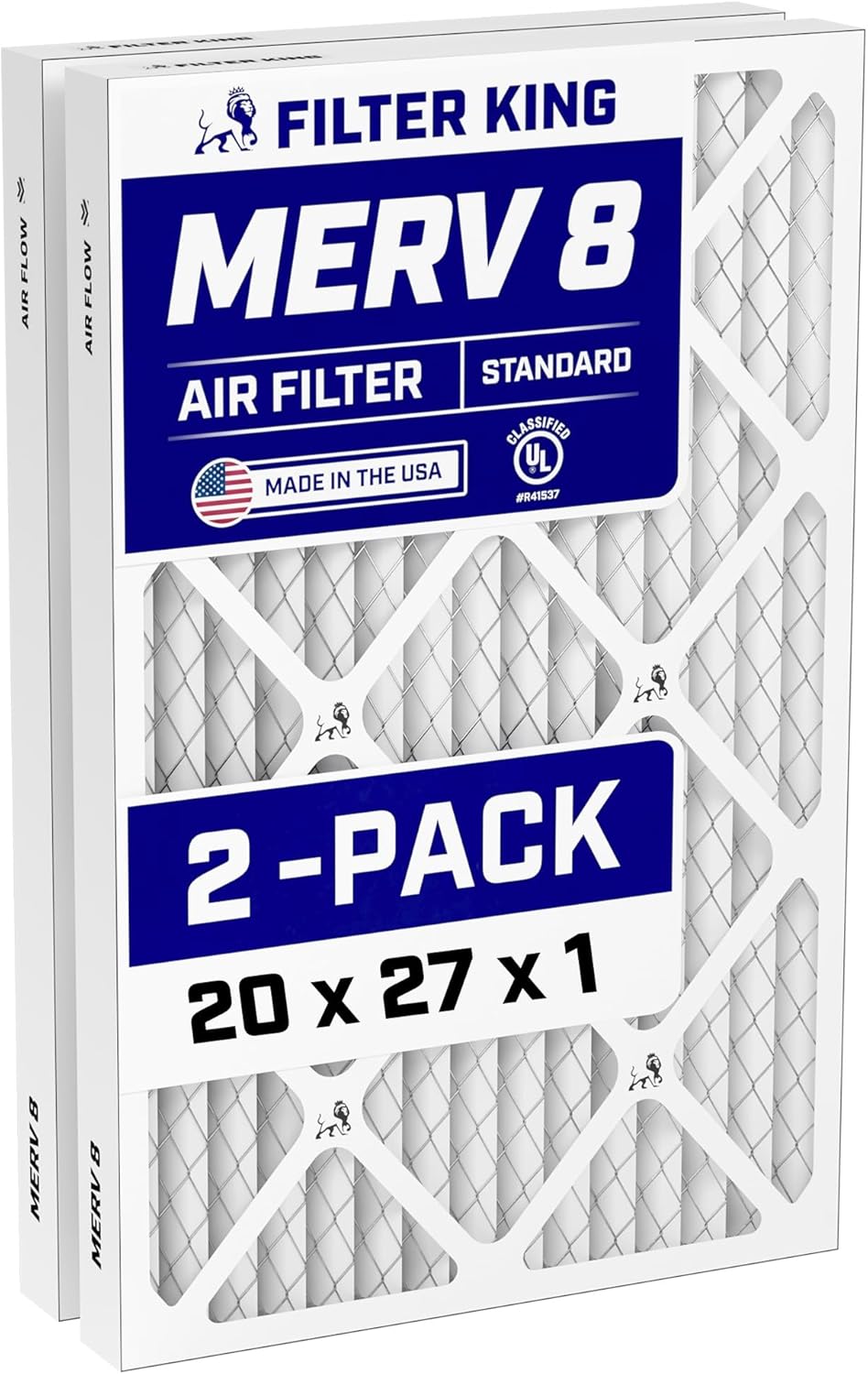 Filter King 20x27x1 Air Filter (MERV 8) (2-Pack) Dust & Allergy Control AC Furnace Filters, MADE IN USA, HVAC, Pleated, Electrostatic (Actual Size: 20 x 27 x .75)