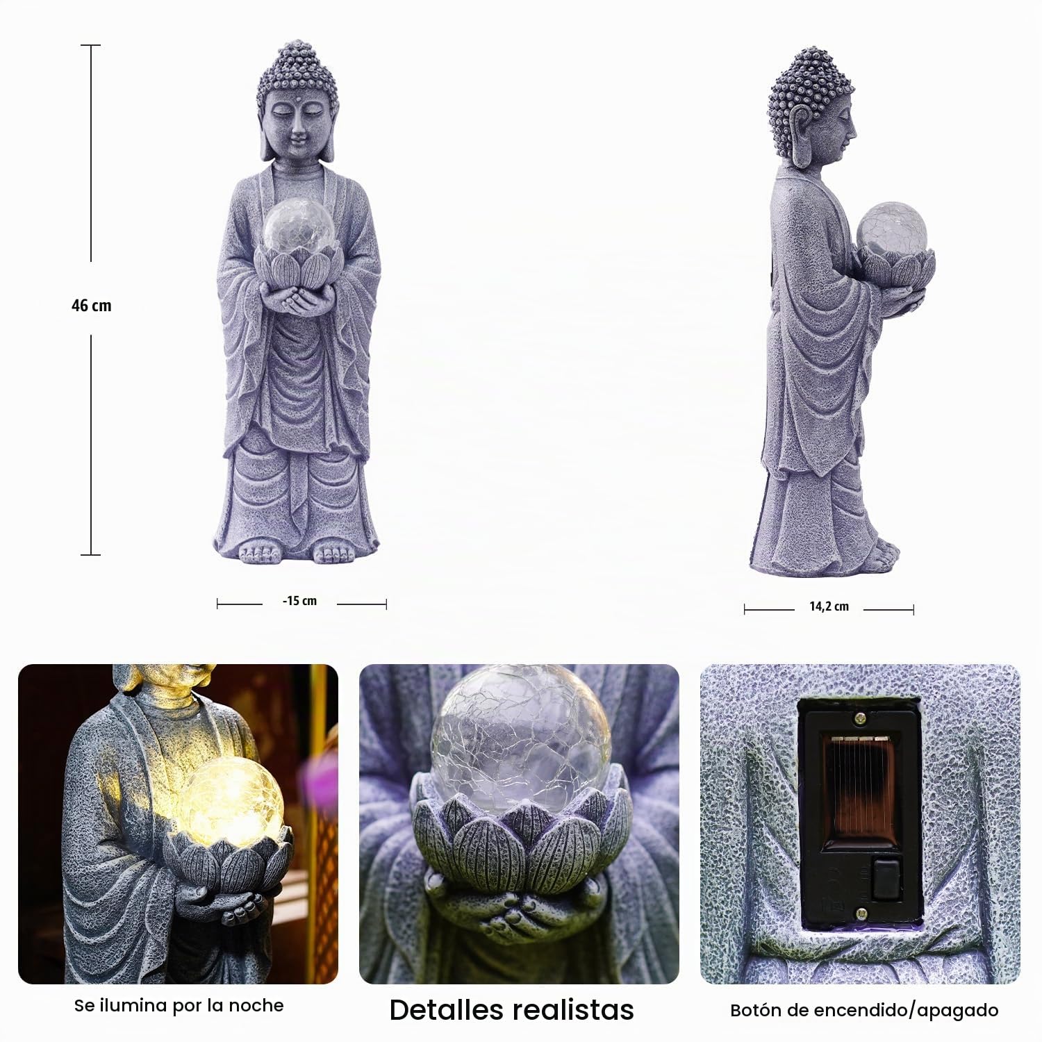 Yeomoo Figura de Buda solar de 46 cm de altura, con efecto de crackle, gran decoración espiritual para jardín zen, meditación, yoga y feng shui, regalo para mujeres/mamá (jardín, terraza, salón